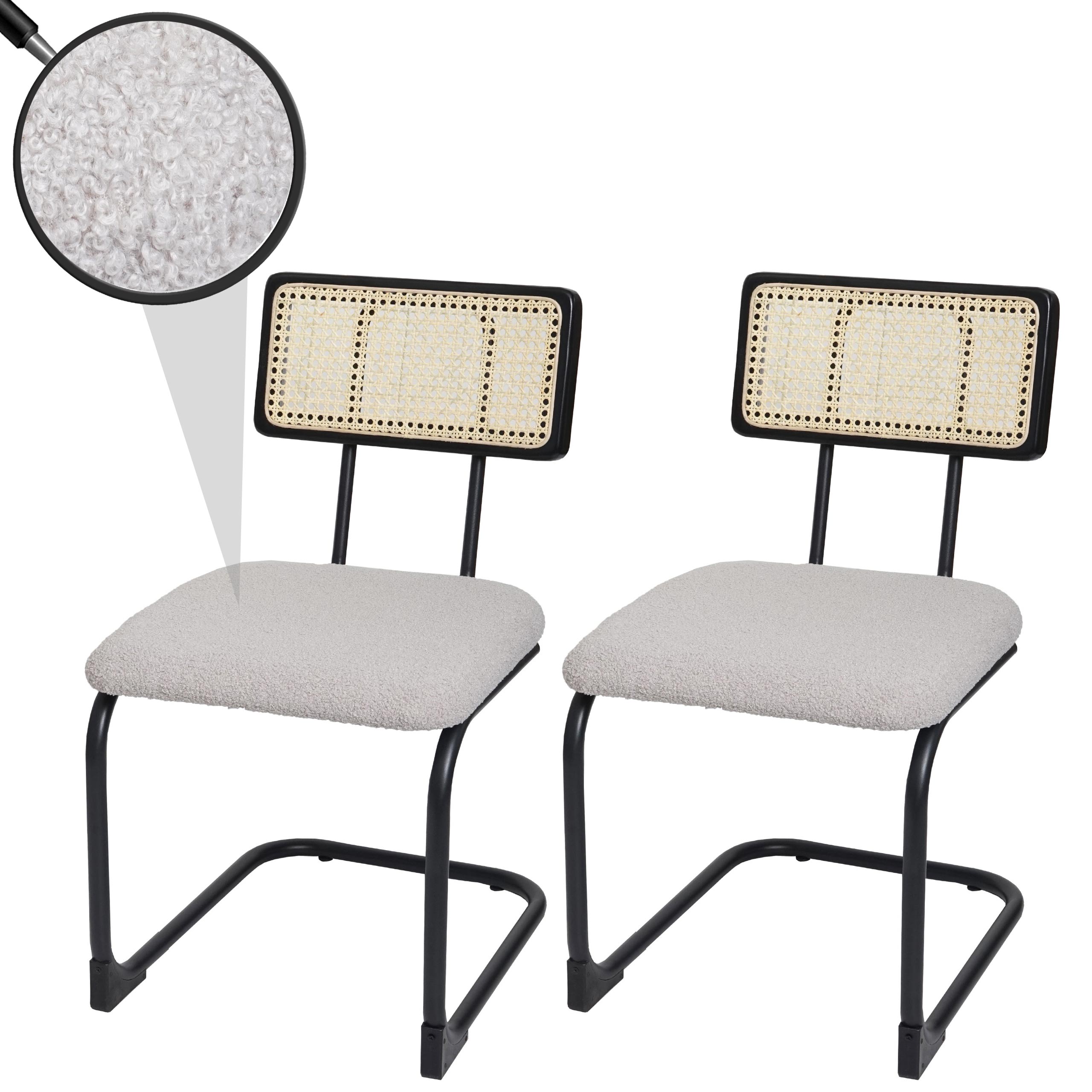 2er-Set Freischwinger-Stuhl MCW-K88, Stuhl Lehnstuhl, Holz Rattan Metall Boucl&eacute; ~ Stoff/Textil hellgrau - Bild 1