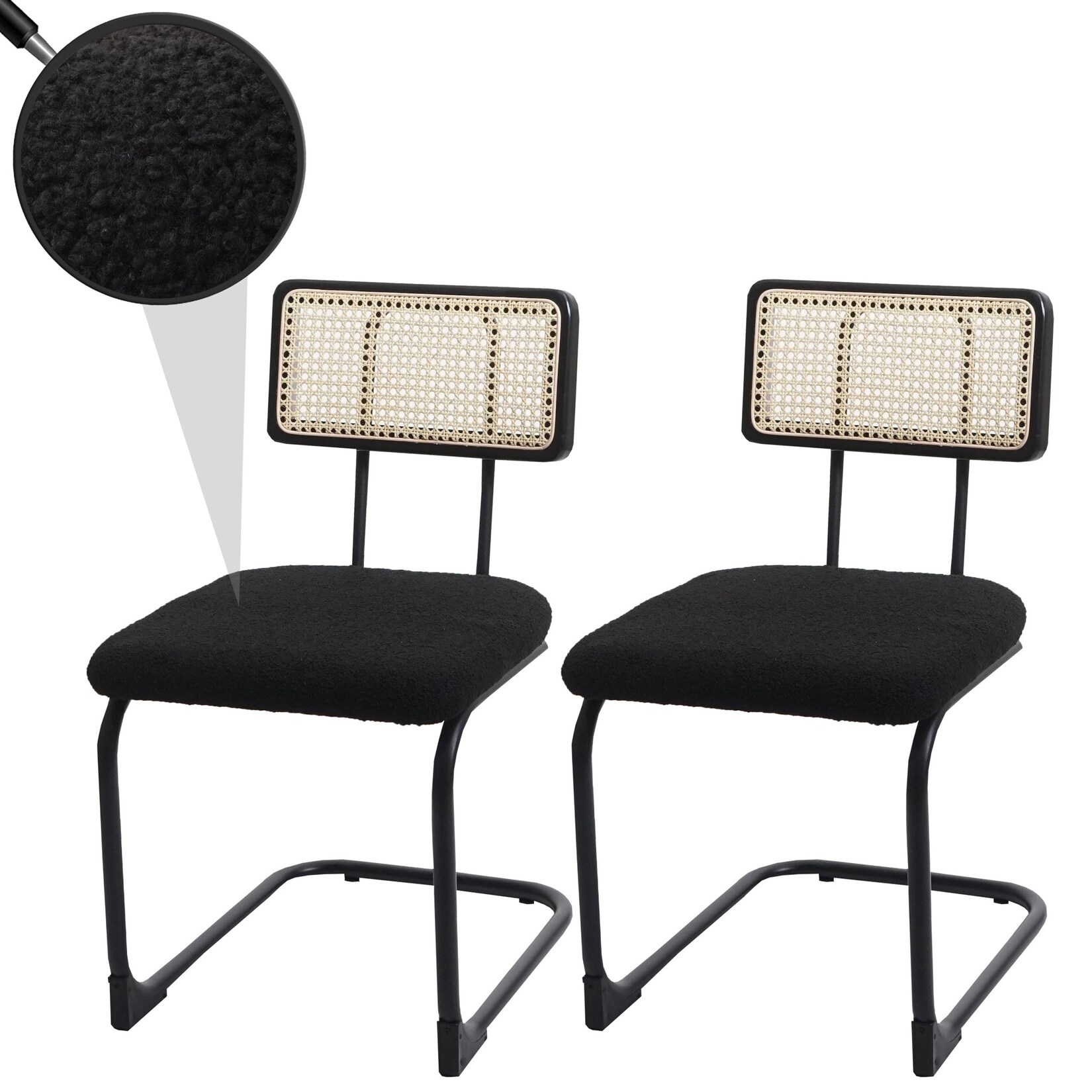 2er-Set Freischwinger-Stuhl MCW-K88, Stuhl Lehnstuhl, Holz Rattan Metall Bouclé ~ Stoff/Textil schwarz