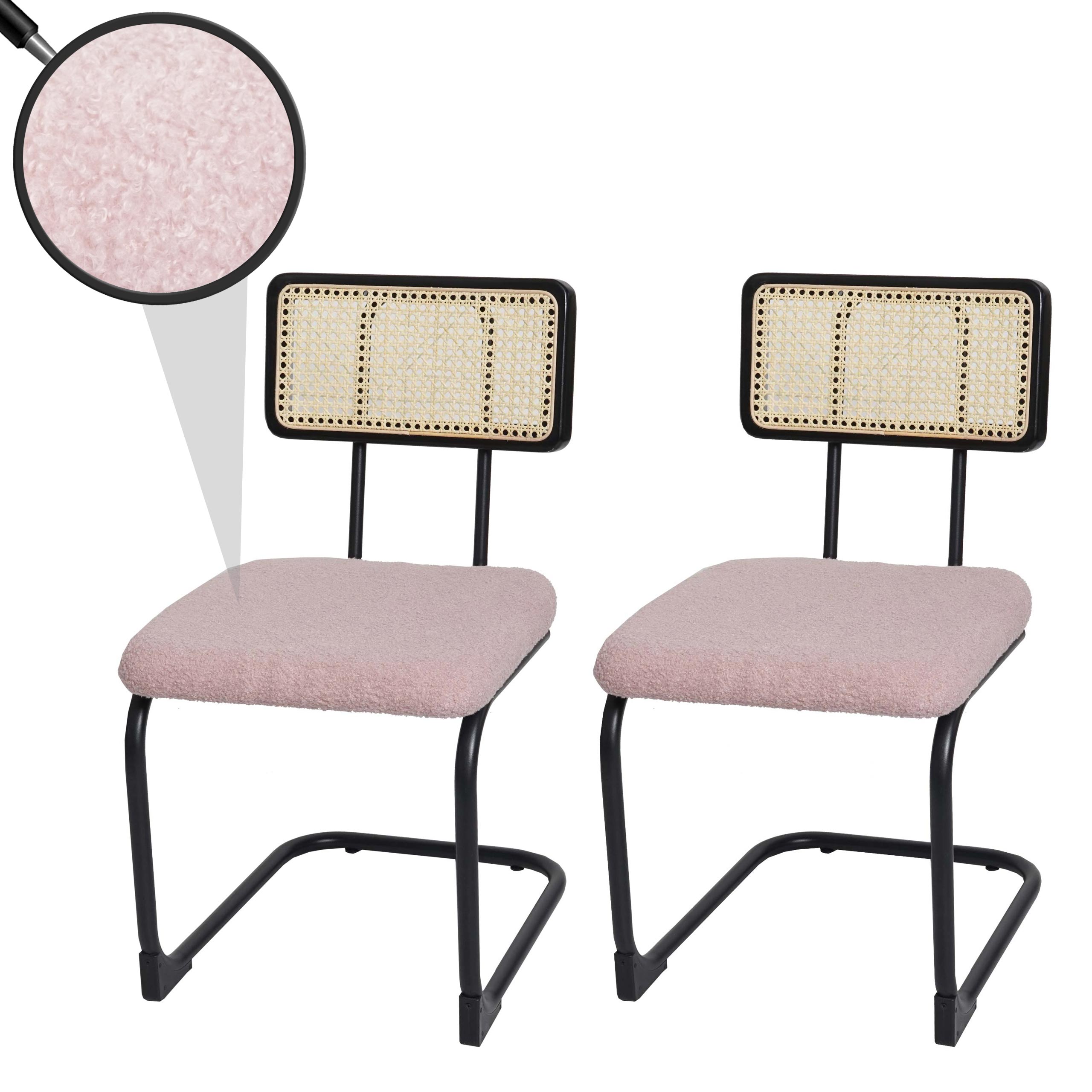 2er-Set Freischwinger-Stuhl MCW-K88, Stuhl Lehnstuhl, Holz Rattan Metall Boucl&eacute; ~ Stoff/Textil rosa - Bild 1
