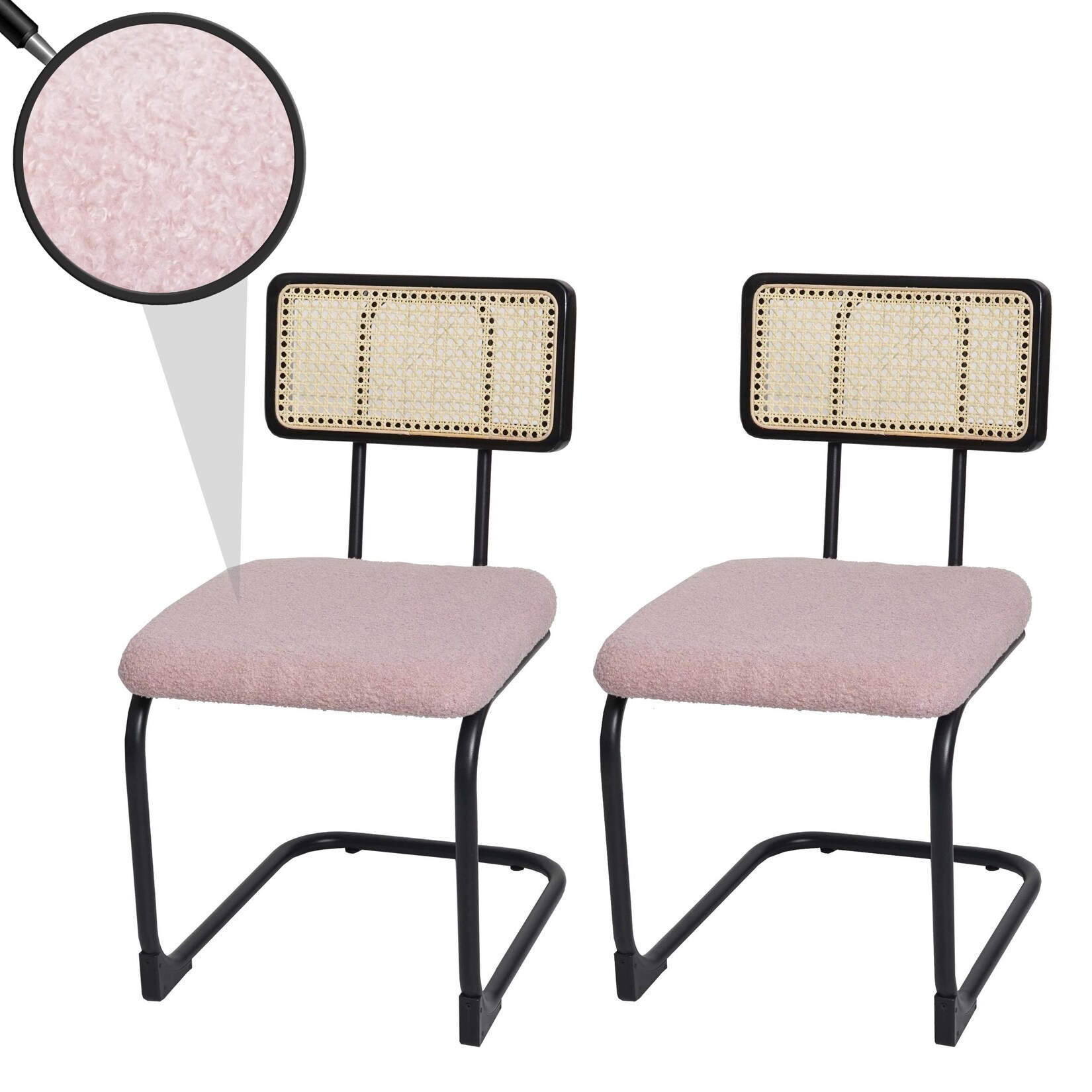 2er-Set Freischwinger-Stuhl MCW-K88, Stuhl Lehnstuhl, Holz Rattan Metall Bouclé ~ Stoff/Textil rosa