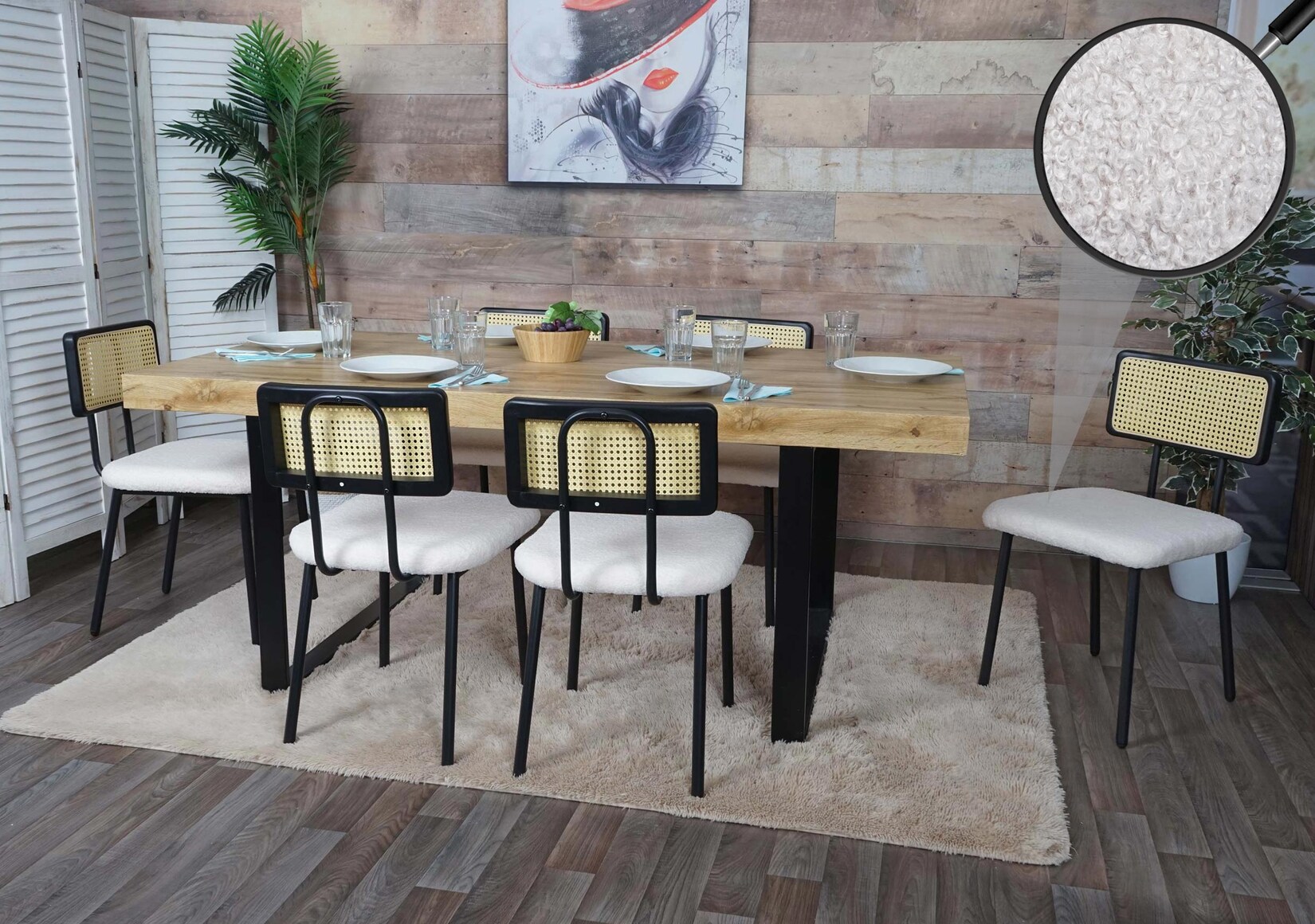 6er-Set Esszimmerstuhl MCW-K88, Lehnstuhl Stuhl, Holz Poly-Rattan Metall Bouclé ~ Stoff/Textil weiß | 04057651541655