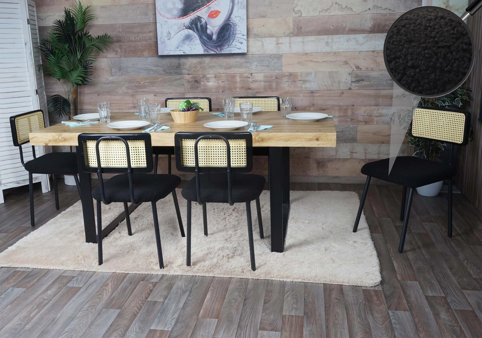 6er-Set Esszimmerstuhl MCW-K88, Lehnstuhl Stuhl, Holz Poly-Rattan Metall Bouclé ~ Stoff/Textil schwarz