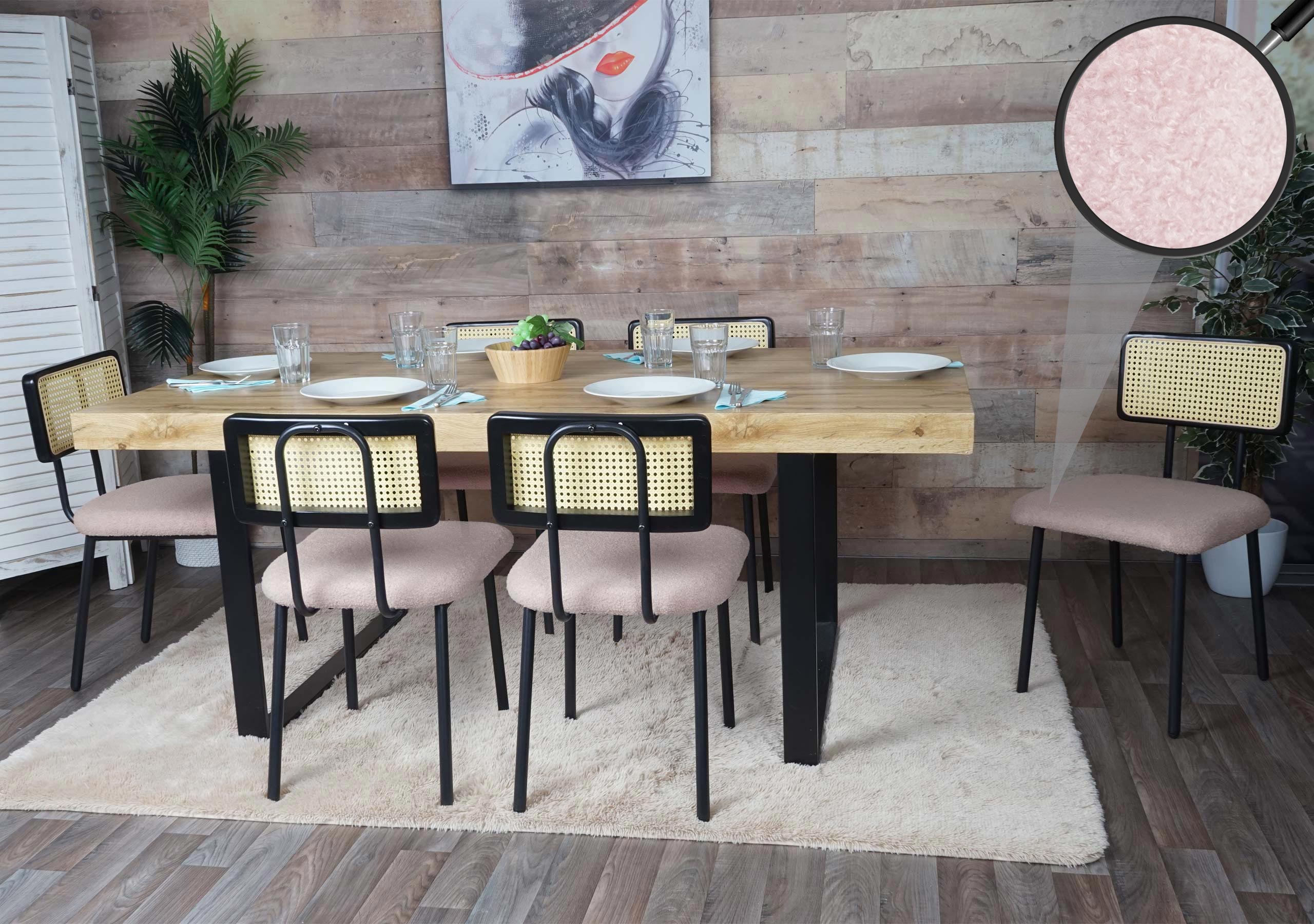 6er-Set Esszimmerstuhl MCW-K88, Lehnstuhl Stuhl, Holz Poly-Rattan Metall Boucl&eacute; ~ Stoff/Textil rosa - Bild 1