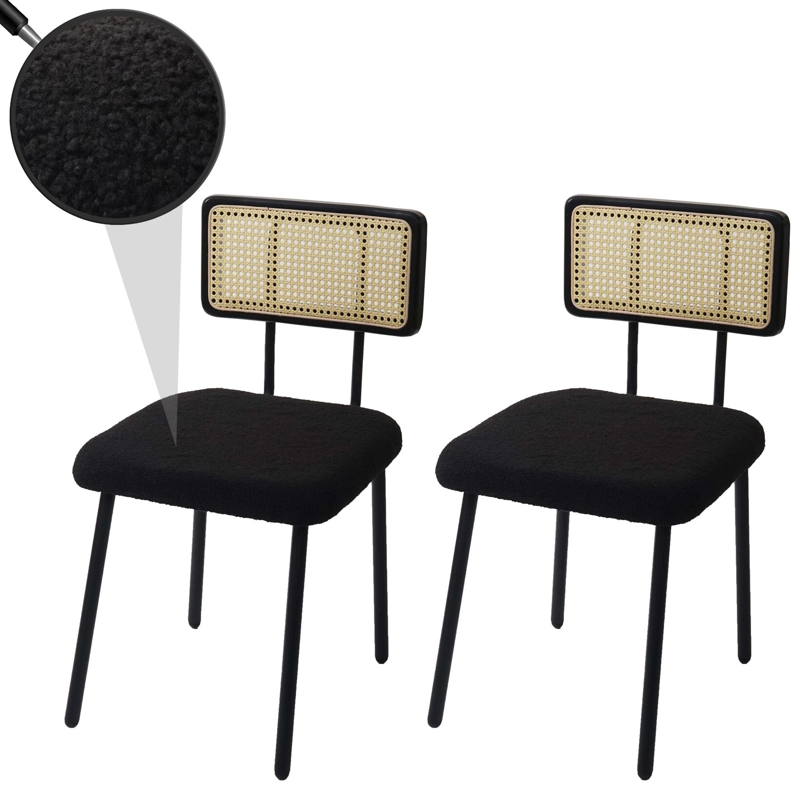 2er-Set Esszimmerstuhl MCW-K88, Lehnstuhl Stuhl, Holz Poly-Rattan Metall Bouclé ~ Stoff/Textil schwarz