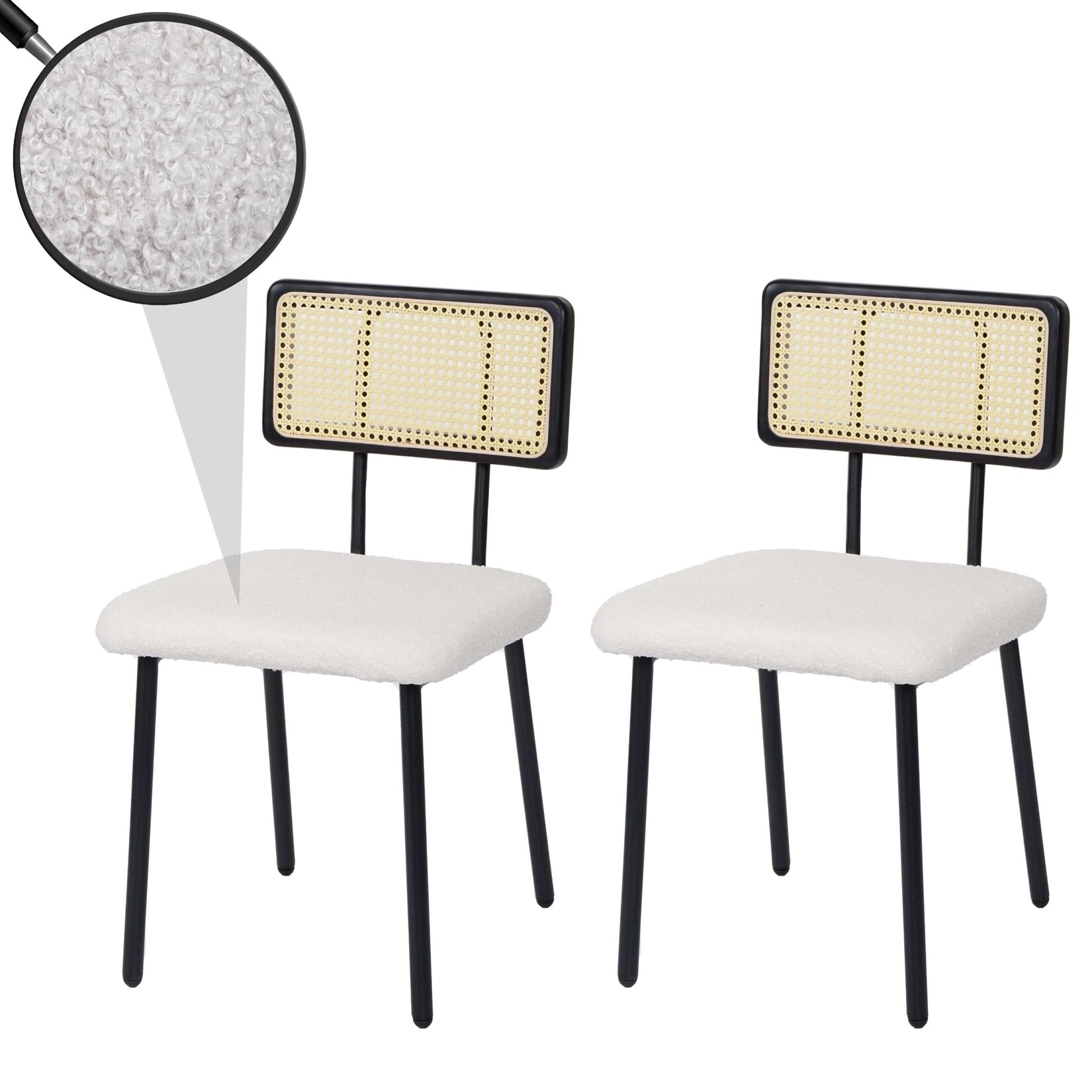 2er-Set Esszimmerstuhl MCW-K88, Lehnstuhl Stuhl, Holz Poly-Rattan Metall Bouclé ~ Stoff/Textil weiß