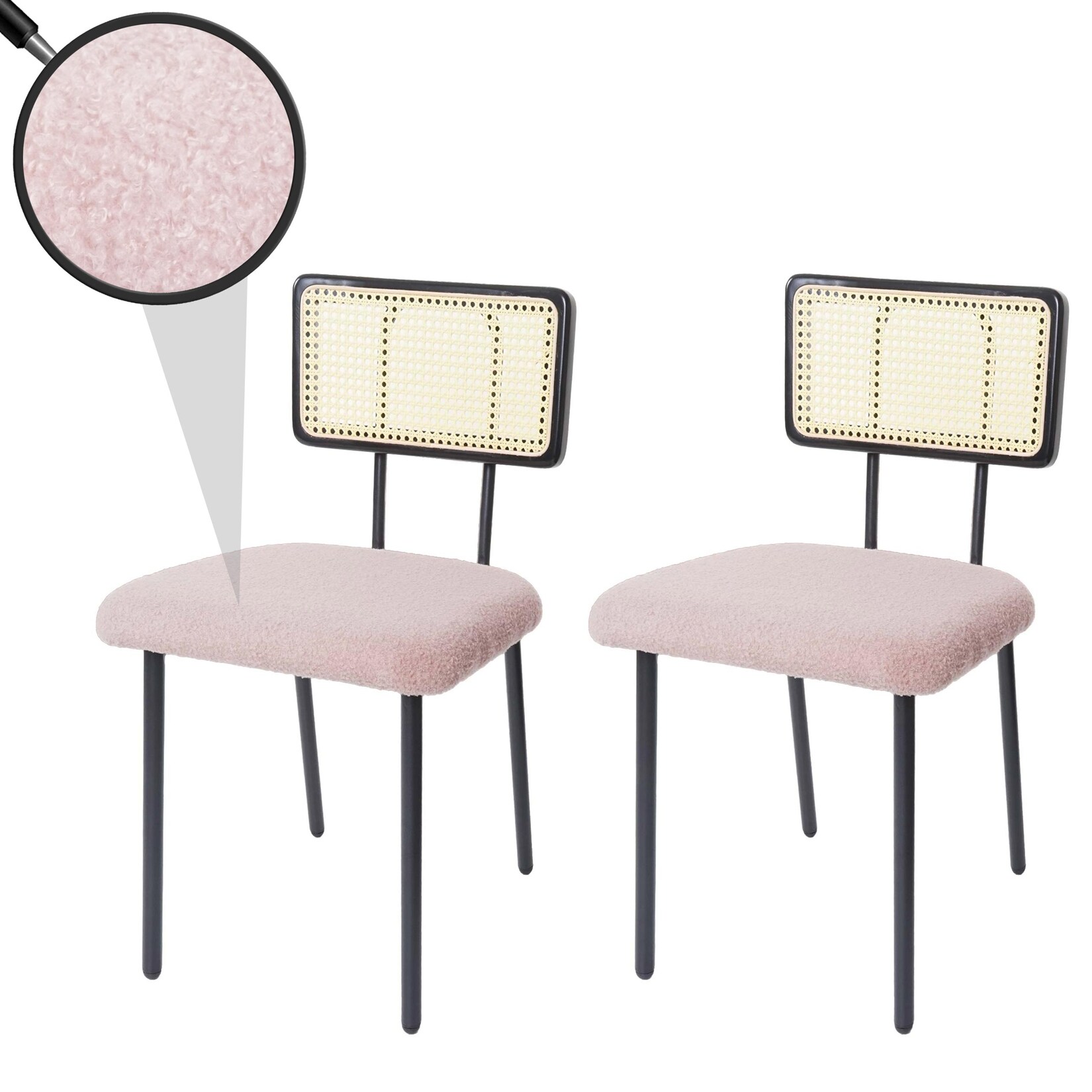 2er-Set Esszimmerstuhl MCW-K88, Lehnstuhl Stuhl, Holz Poly-Rattan Metall Bouclé ~ Stoff/Textil rosa