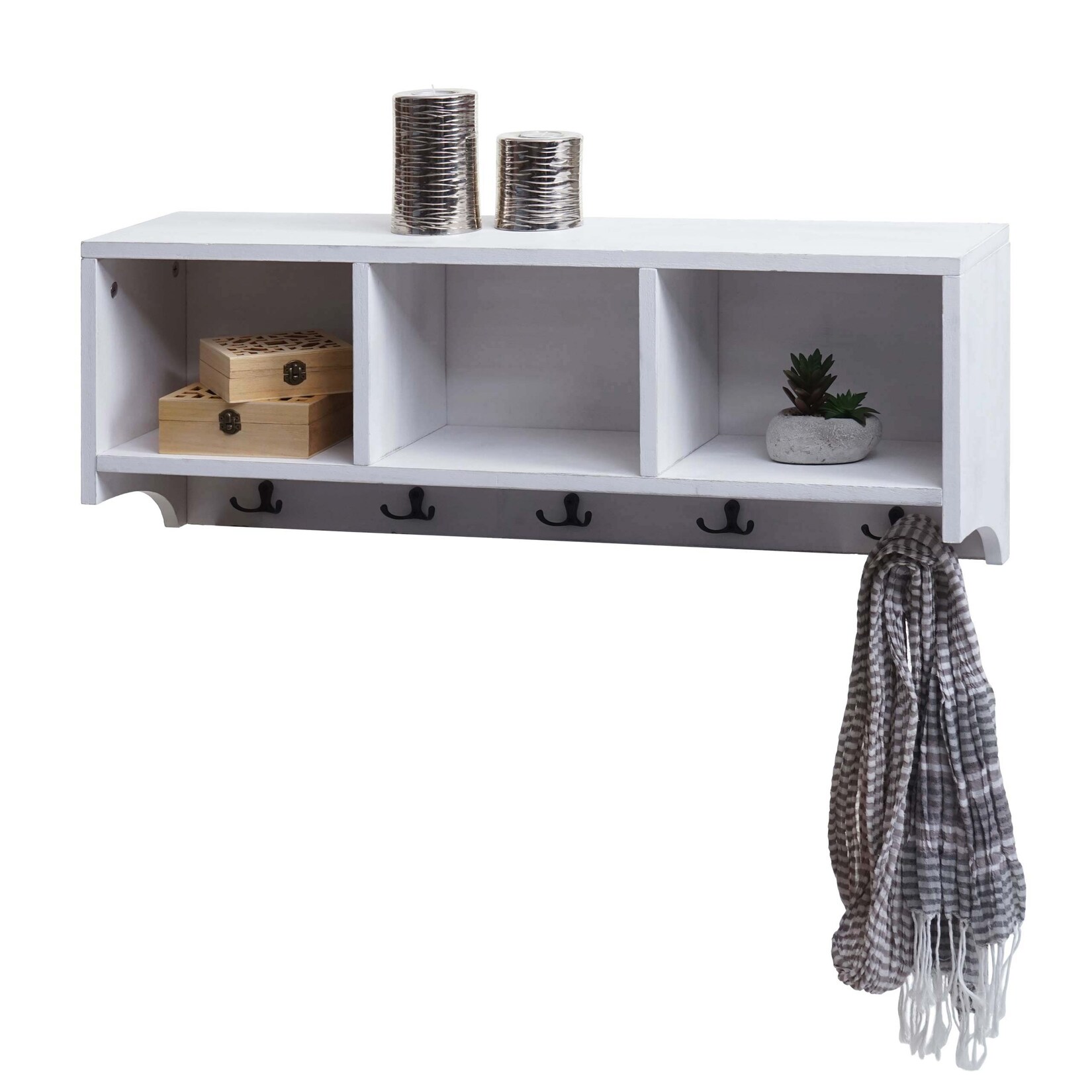 Wandregal MCW-K49, Garderobe Wandgarderobe Regal, 3 Staufächer 5 Haken 30x80x20cm Holz ~ weiß, shabby