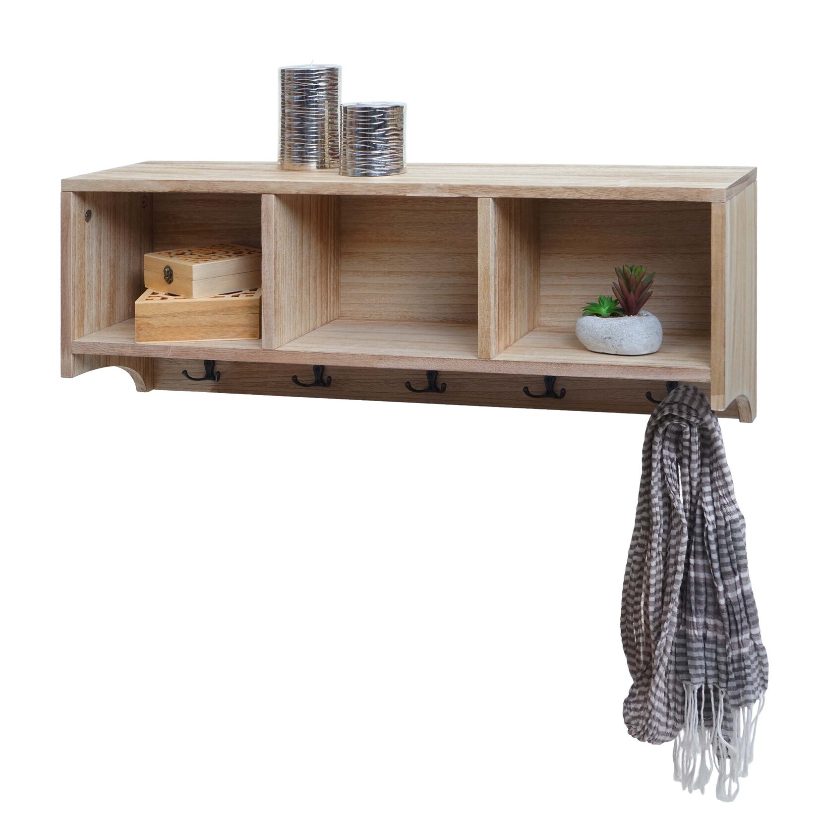 Wandregal MCW-K49, Garderobe Wandgarderobe Regal, 3 Staufächer 5 Haken 30x80x20cm Holz ~ naturbraun