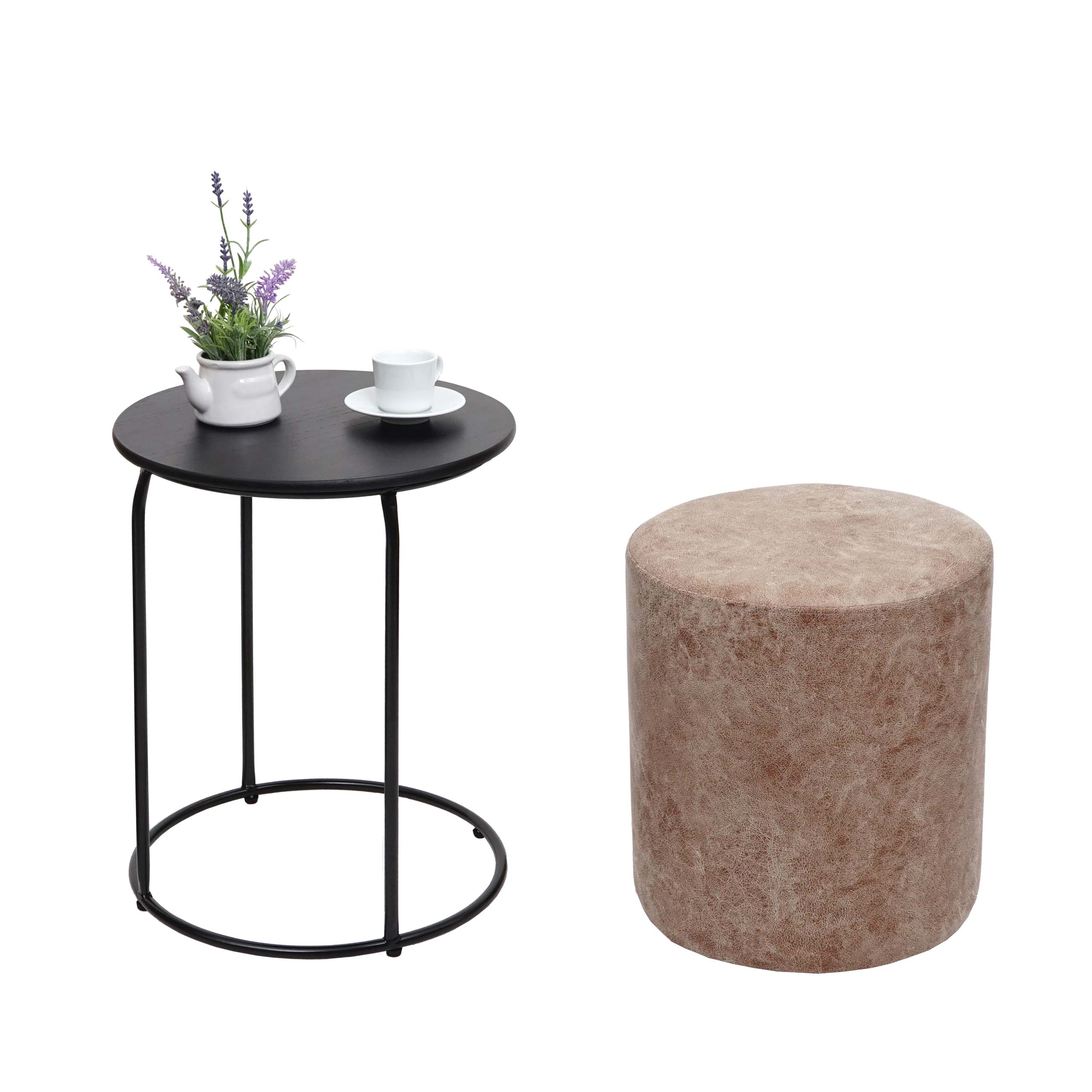2er-Set Sitzhocker und Beistelltisch MCW-K48, Kaffeetisch Tisch Hocker, MVG-zertifiziert MDF Metall Kunstleder ~ braun - Bild 1