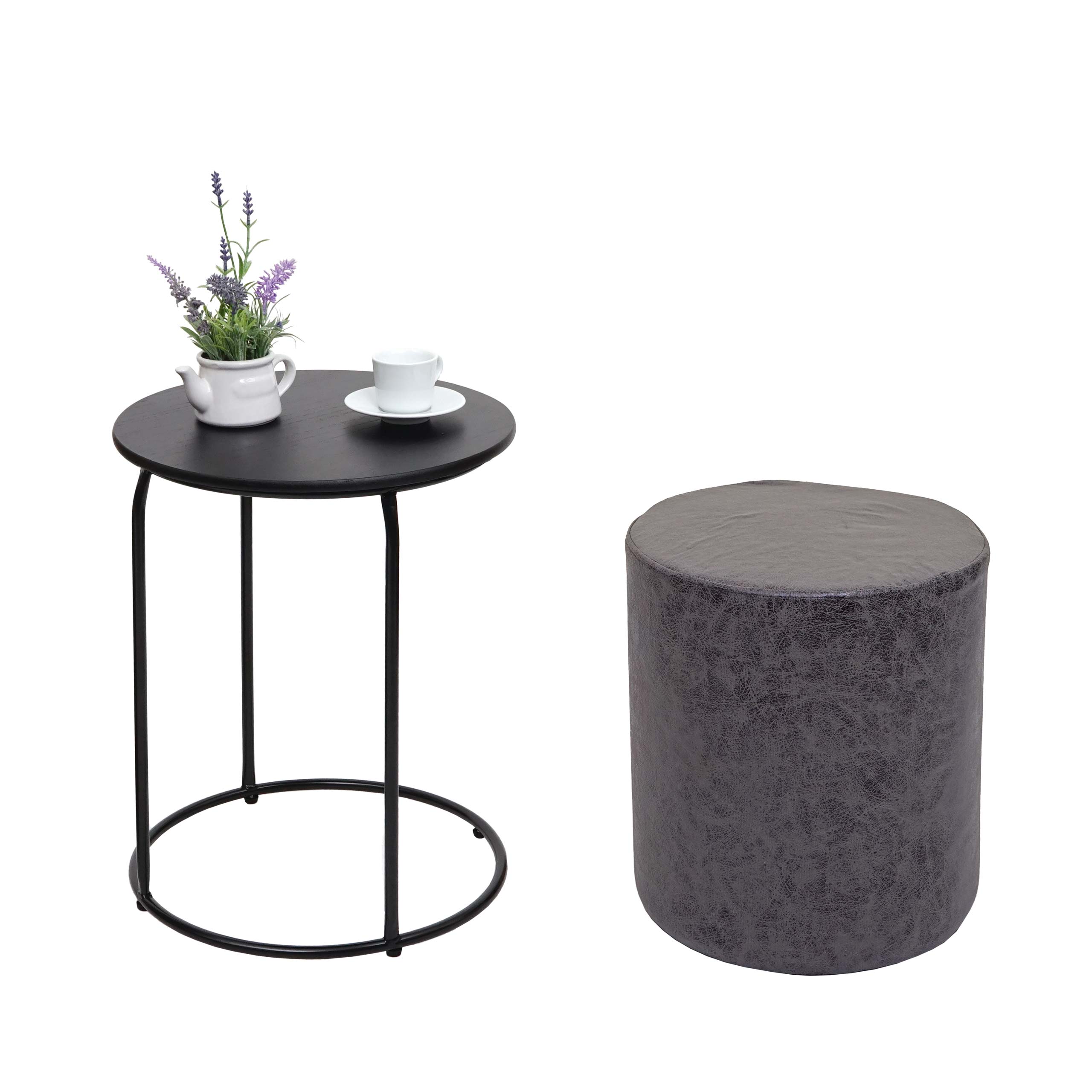 2er-Set Sitzhocker und Beistelltisch MCW-K48, Kaffeetisch Tisch Hocker, MVG-zertifiziert MDF Metall Kunstleder ~ schwarz - Bild 1