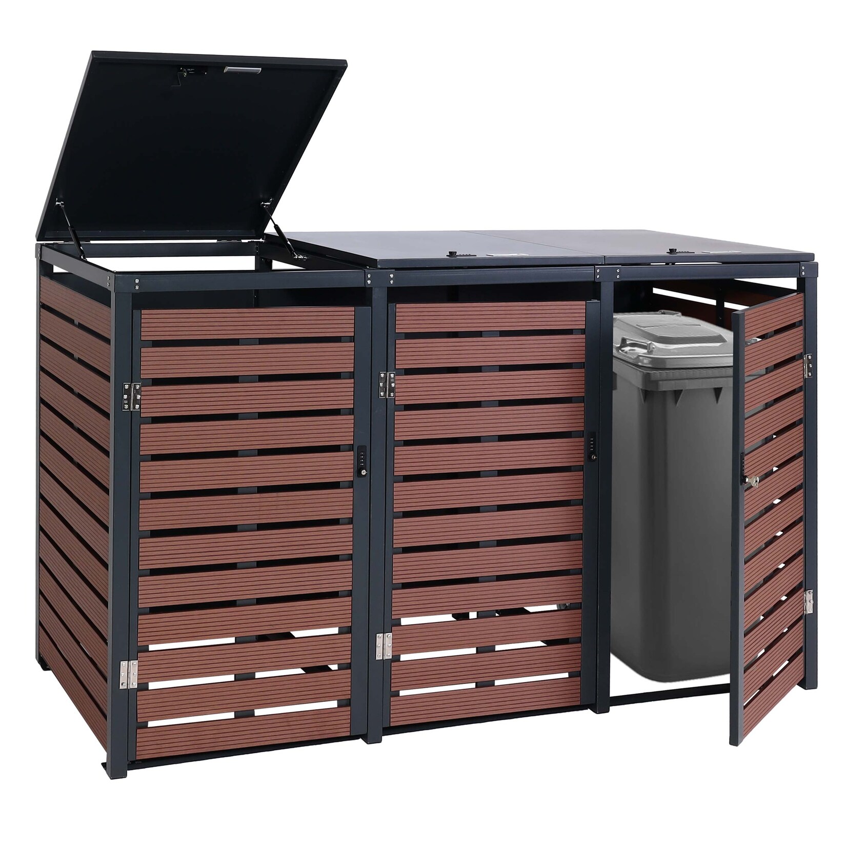 3er Mülltonnenverkleidung MCW-K14, Mülltonnenbox Mülltonnenabdeckung, 119x205x84cm WPC Metall 109kg ~ Walnuss-Holzoptik