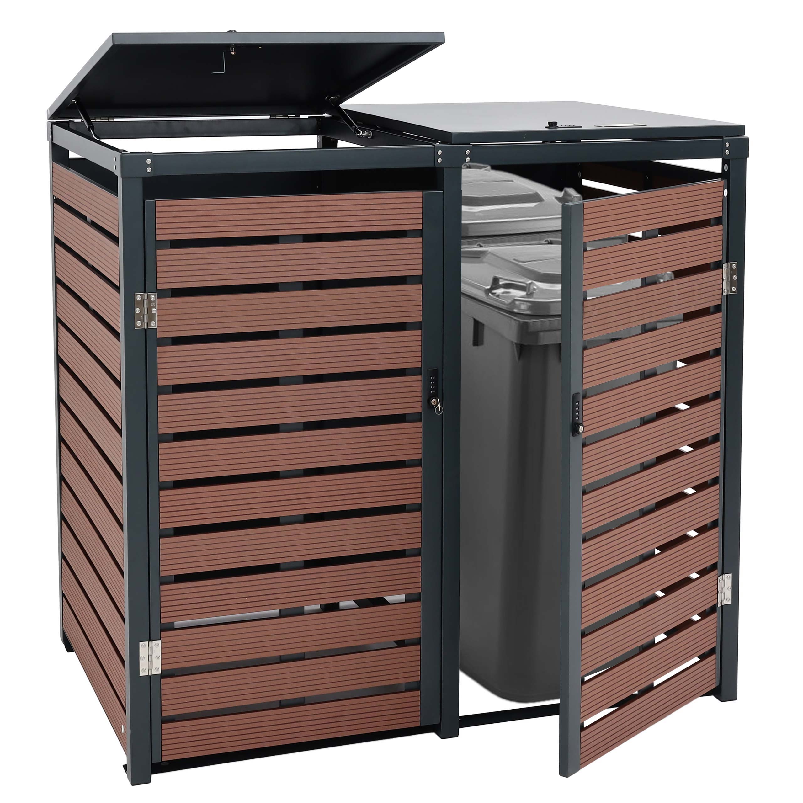 XL 2er-/4er-M&uuml;lltonnenverkleidung MCW-K14, M&uuml;lltonnenbox, 119x140x102cm WPC Metall 86kg ~ Walnuss-Holzoptik - Bild 1