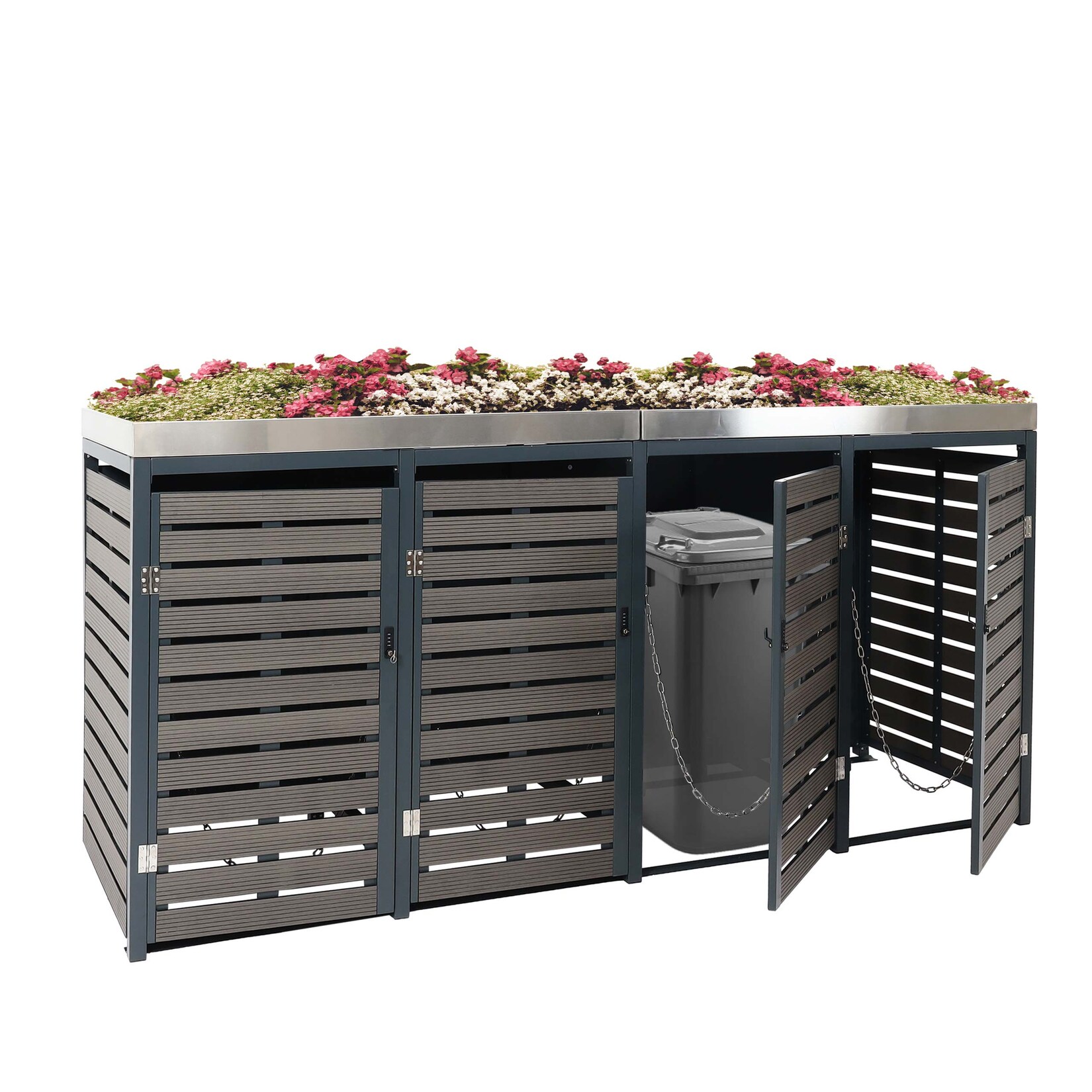 4er Mülltonnenverkleidung MCW-K14, Mülltonnenbox mit Pflanzkasten, 124x265x84cm WPC Edelstahl 132kg ~ anthrazit