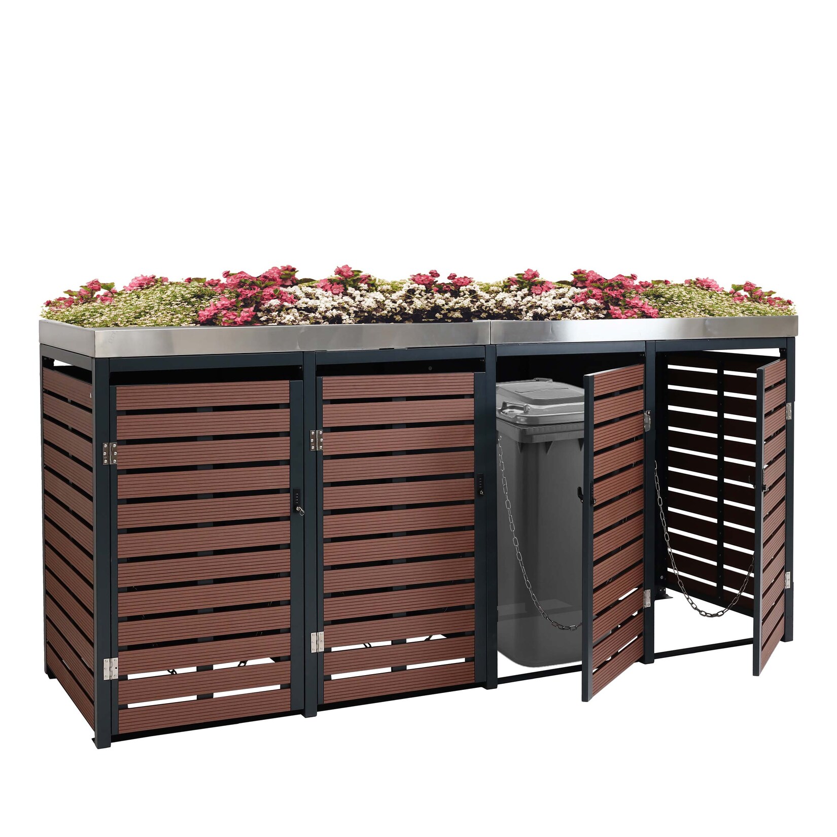 4er Mülltonnenverkleidung MCW-K14, Mülltonnenbox mit Pflanzkasten, 124x265x84cm WPC Edelstahl 132kg ~ Walnuss-Holzoptik