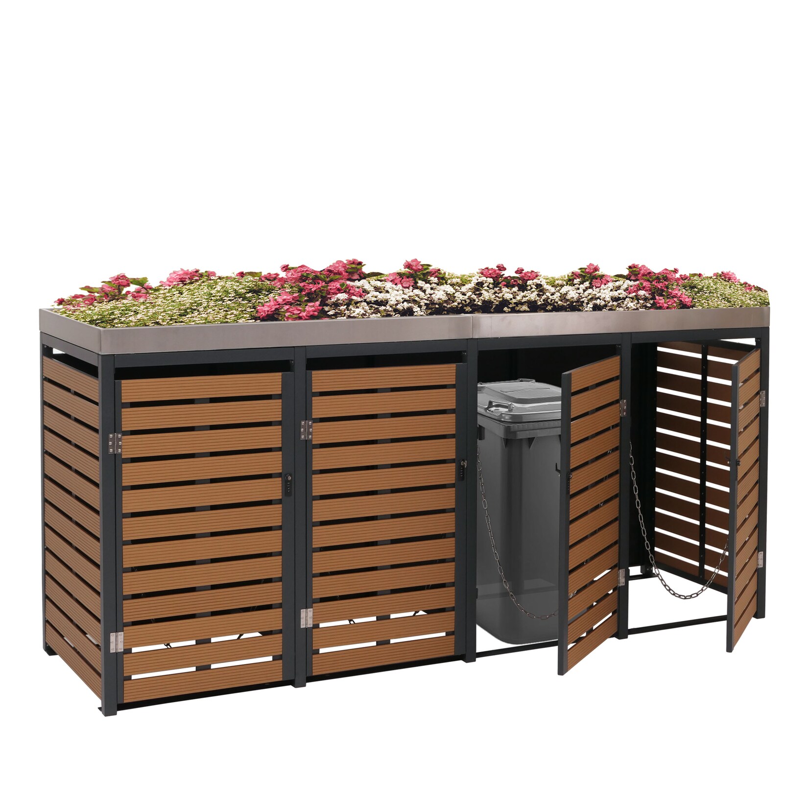 4er Mülltonnenverkleidung MCW-K14, Mülltonnenbox mit Pflanzkasten, 124x265x84cm WPC Edelstahl 132kg ~ Teak-Optik