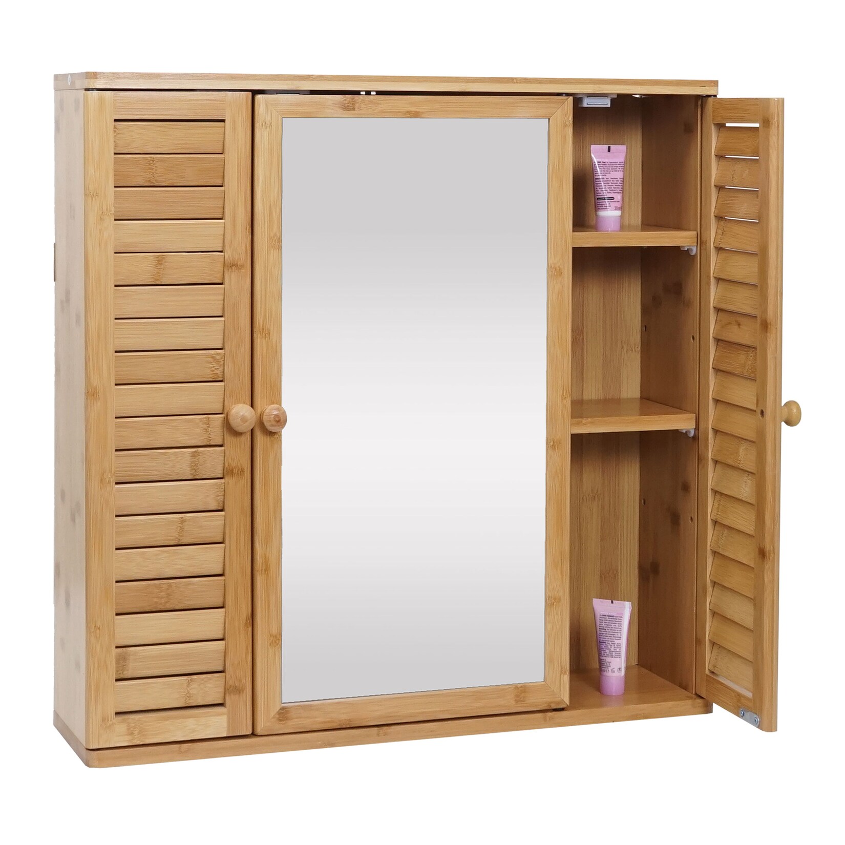 Spiegelschrank MCW-B18, Badspiegelschrank Hängeschrank, 3 Regalböden 3 Türen Bambus Spiegel 60x60x15cm