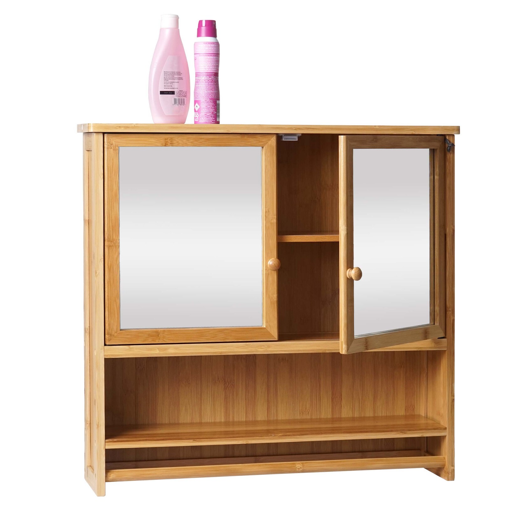 Spiegelschrank MCW-B18, Badspiegelschrank Hängeschrank, 3 Regalböden 2 Türen Spiegel Bambus 62x66x15cm | 04057651776965