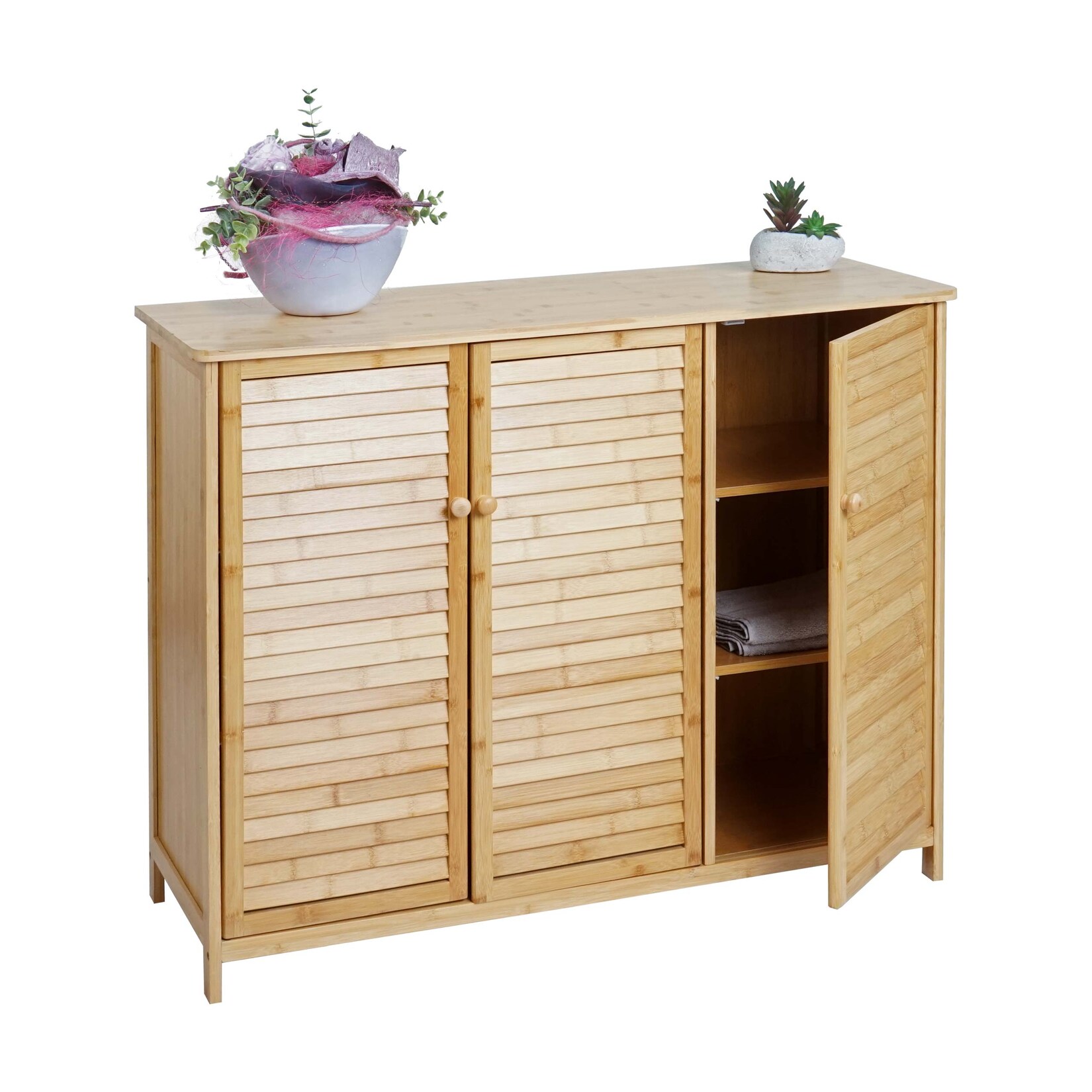 Badezimmerschrank MCW-B18, Badschrank Regal Badregal Kommode, 3 Türen Bambus 81x97x34cm