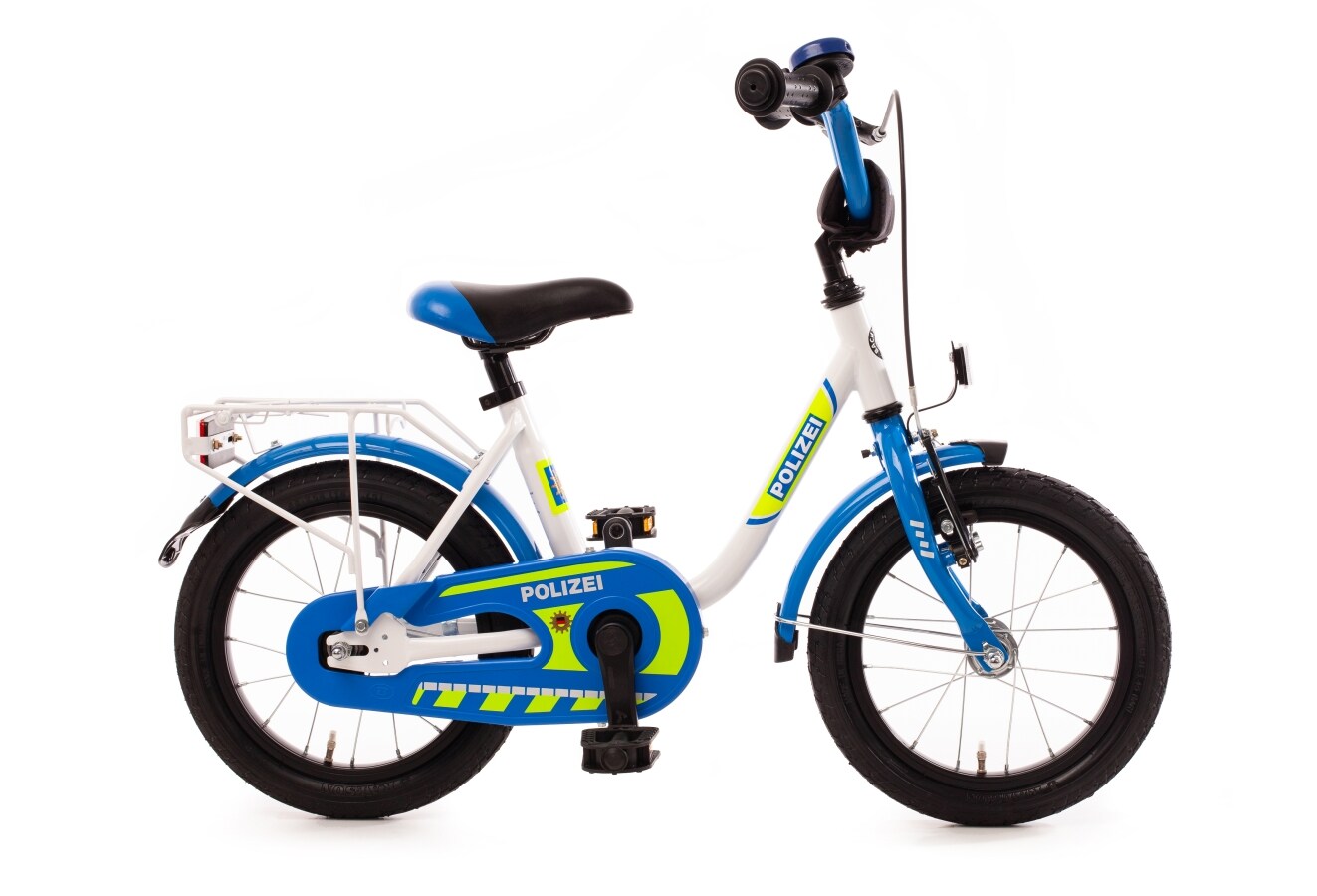 Bachtenkirch Kinderfahrrad POLIZEI, kristall-weiß/blau/neon, 14″ – versch. Ausführungen | 04033365994345