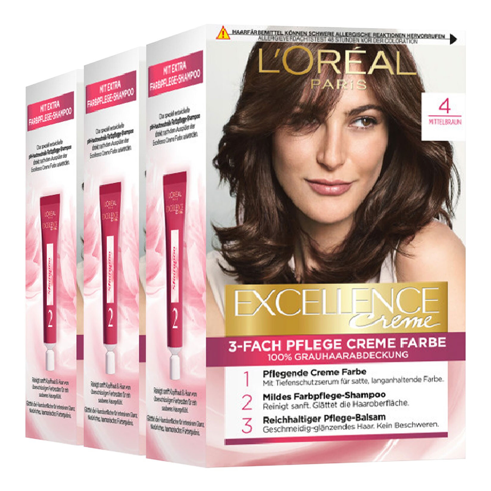 L'Or&eacute;al Paris Excellence Cr&egrave;me 4 Mittelbraun, 3er Pack - Bild 1