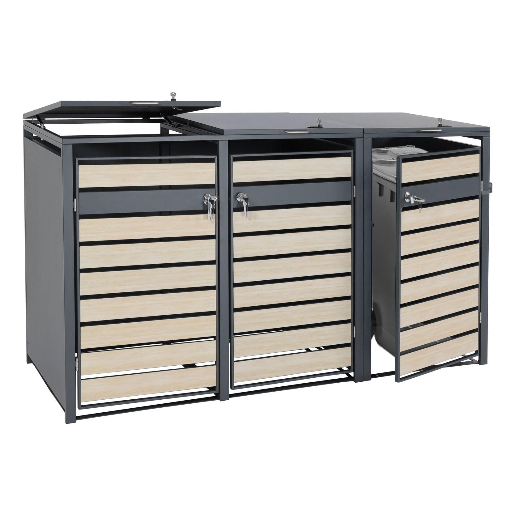 XL 3er/6er-Mülltonnenverkleidung MCW-J81, Mülltonnenbox, Metall 95kg anthrazit ~ Buche-Holzoptik hellbraun
