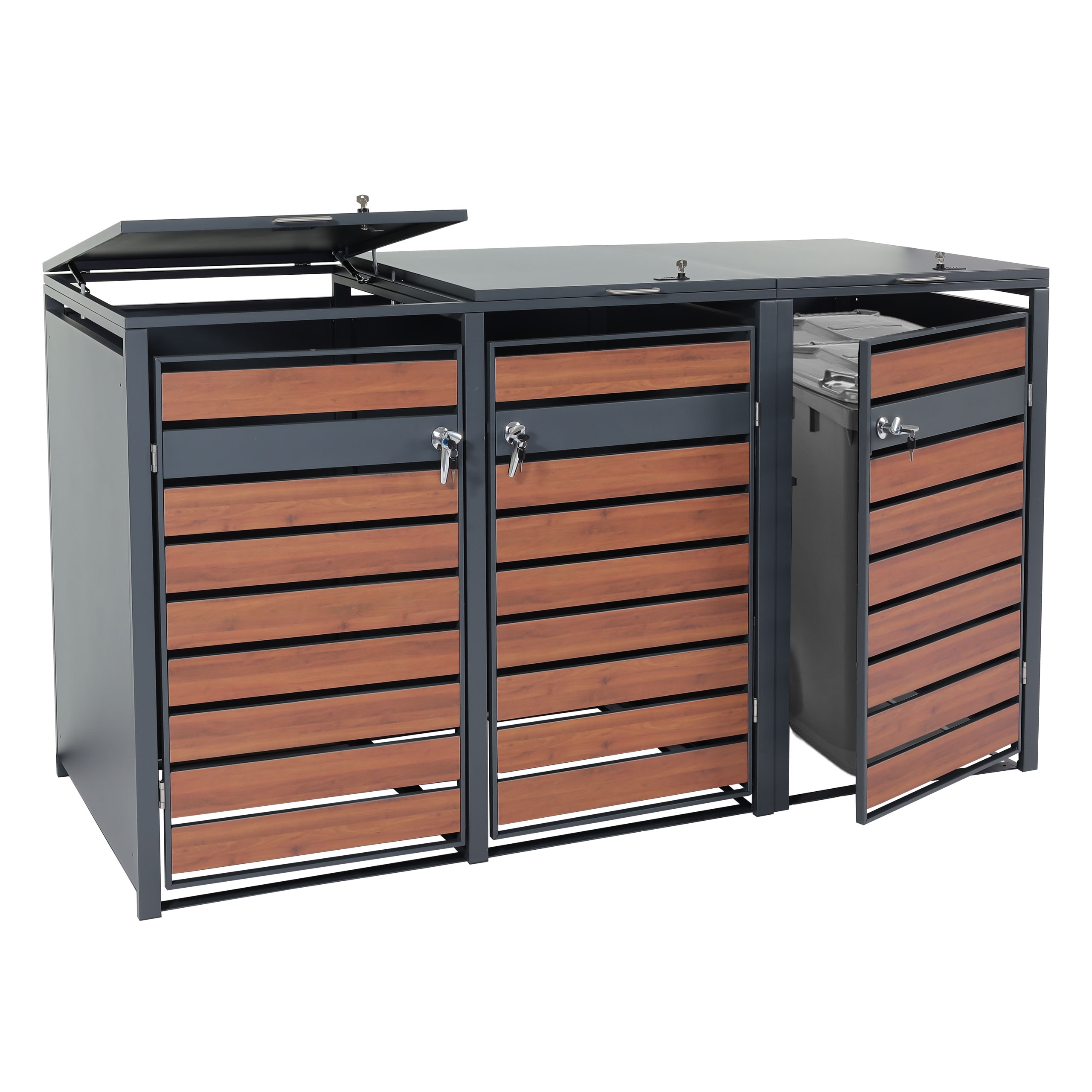 XL 3er/6er-M&uuml;lltonnenverkleidung MCW-J81, M&uuml;lltonnenbox, Metall 95kg anthrazit ~ Kirsche-Holzoptik dunkelbraun - Bild 1