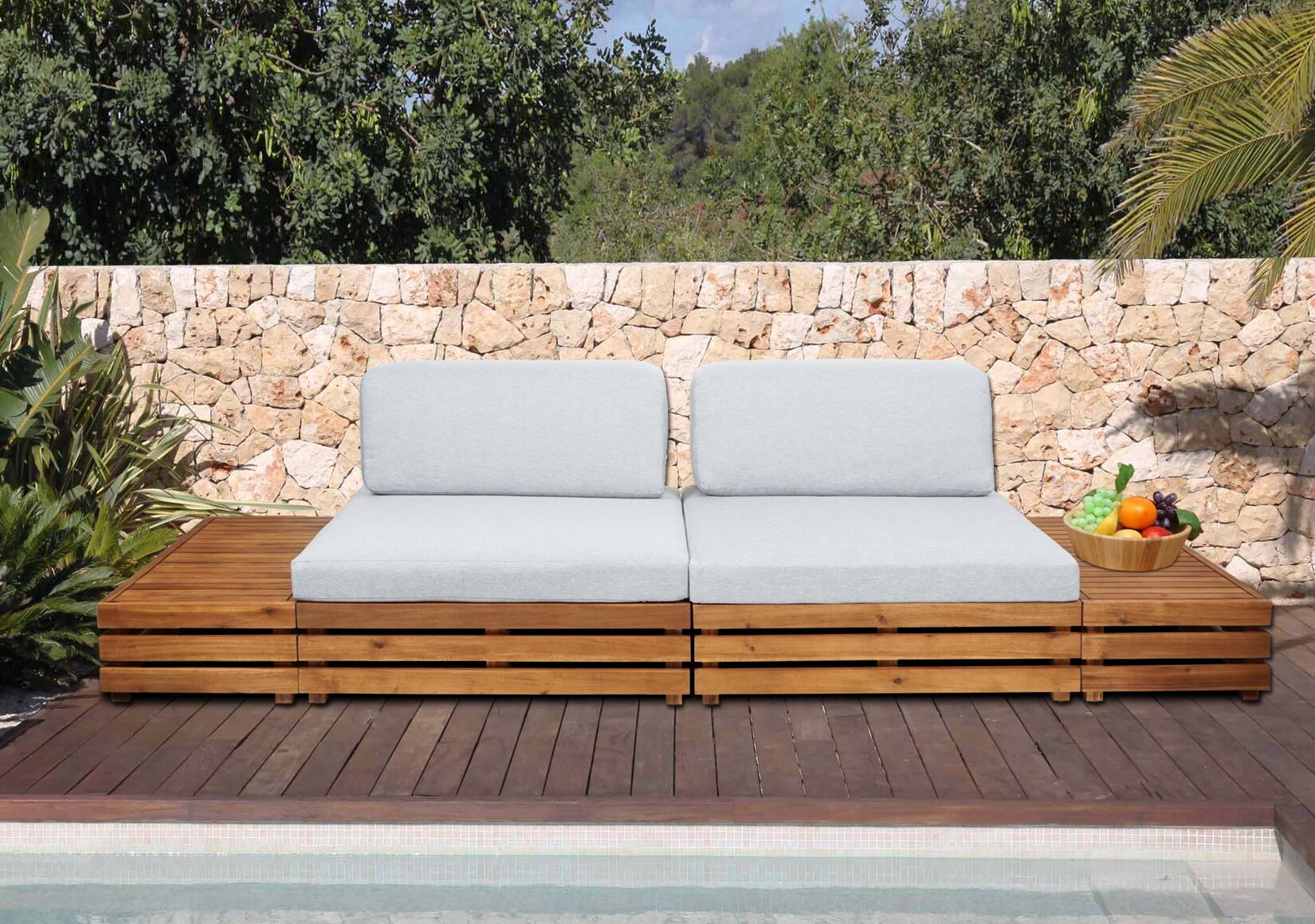 Garten-Garnitur MCW-L28, Lounge-Set Sitzgruppe Lounge-Sessel Sofa, Spun Poly Akazie Holz MVG ~ Polster hellgrau | 04057651848563