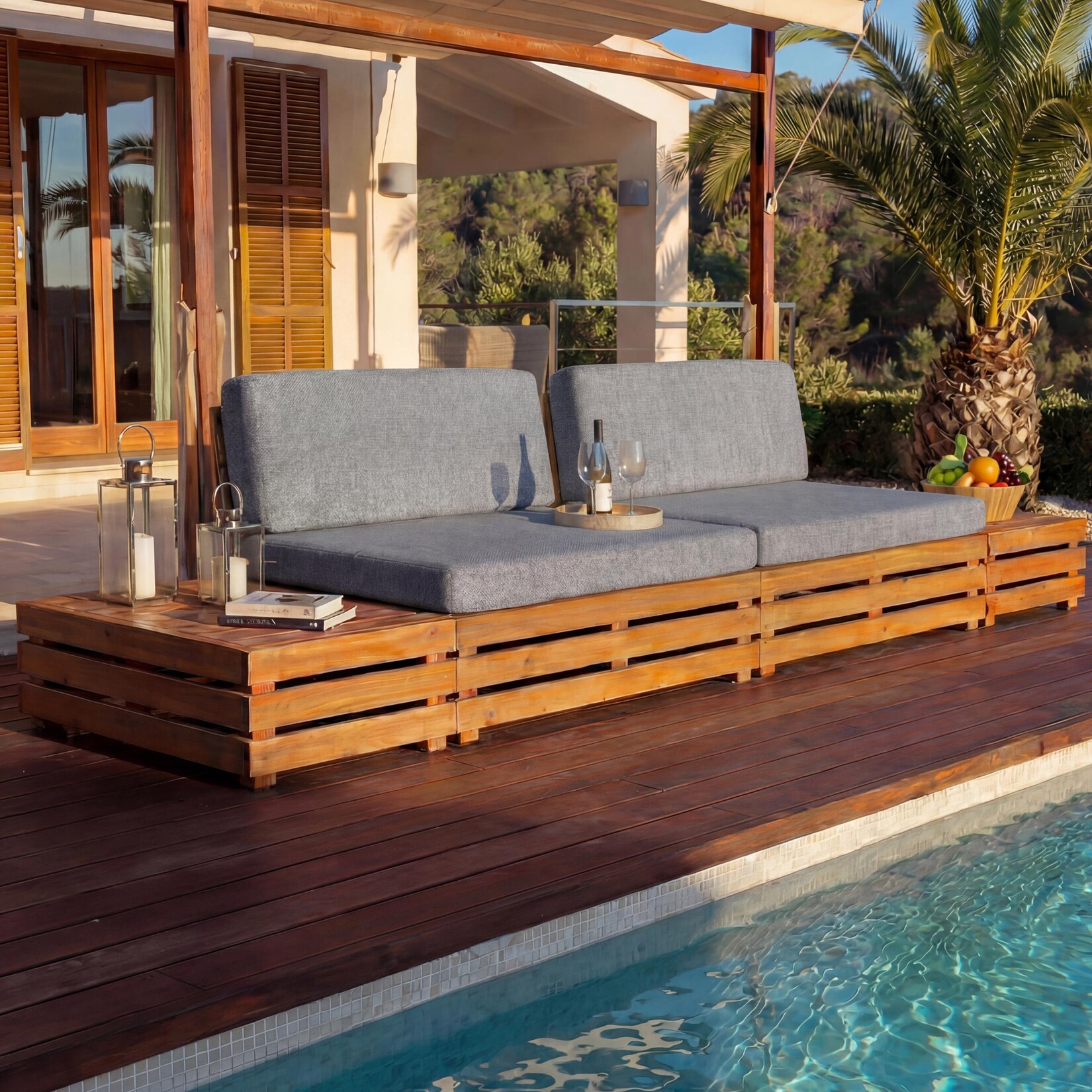 Garten-Garnitur MCW-L28, Lounge-Set Sitzgruppe Lounge-Sessel Sofa, Spun Poly Akazie Holz MVG ~ Polster dunkelgrau