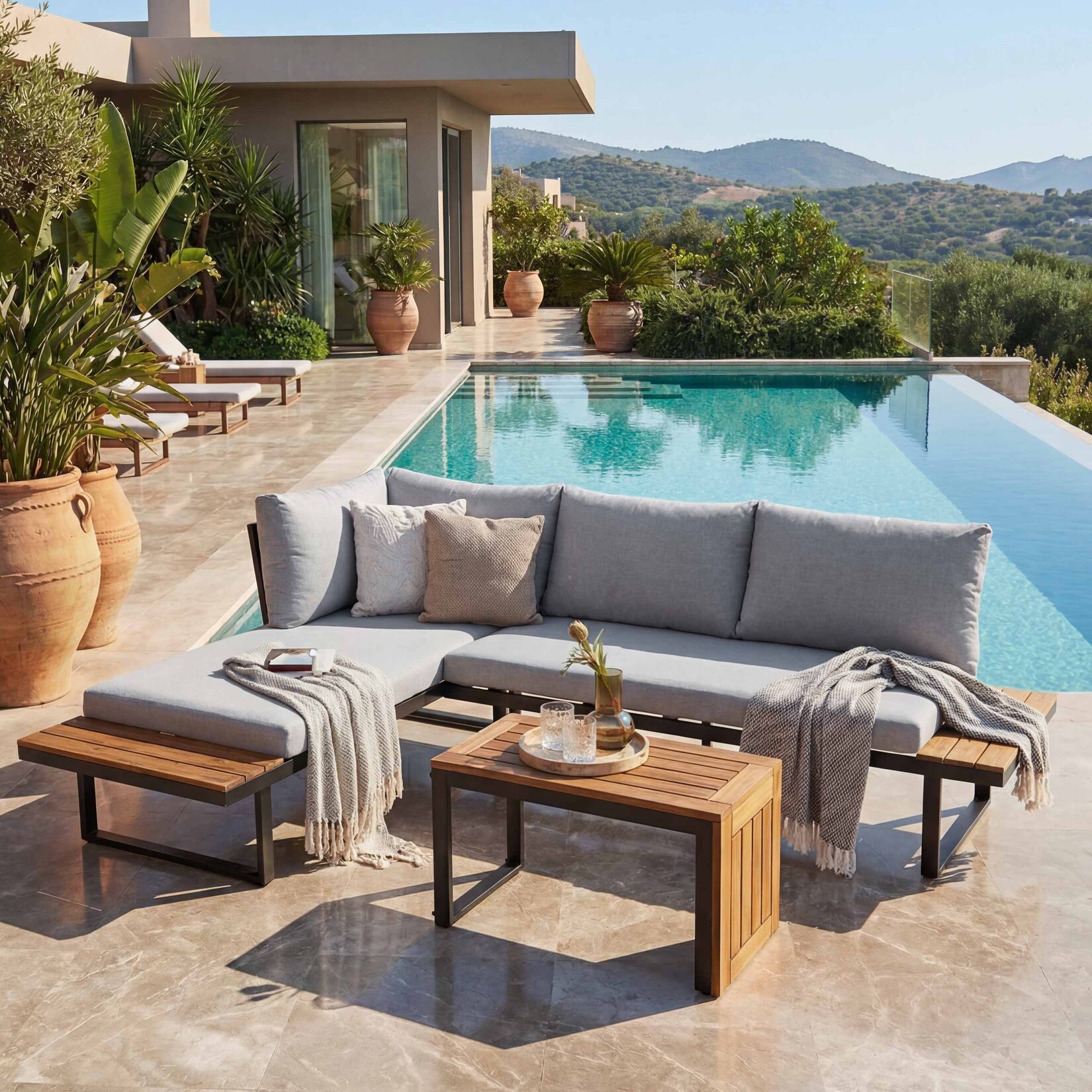 Garten Garnitur MCW-L27, Garnitur Sitzgruppe Lounge-Set Sofa, Spun Poly Alu Akazie Holz MVG-zertifiziert ~ hellgrau