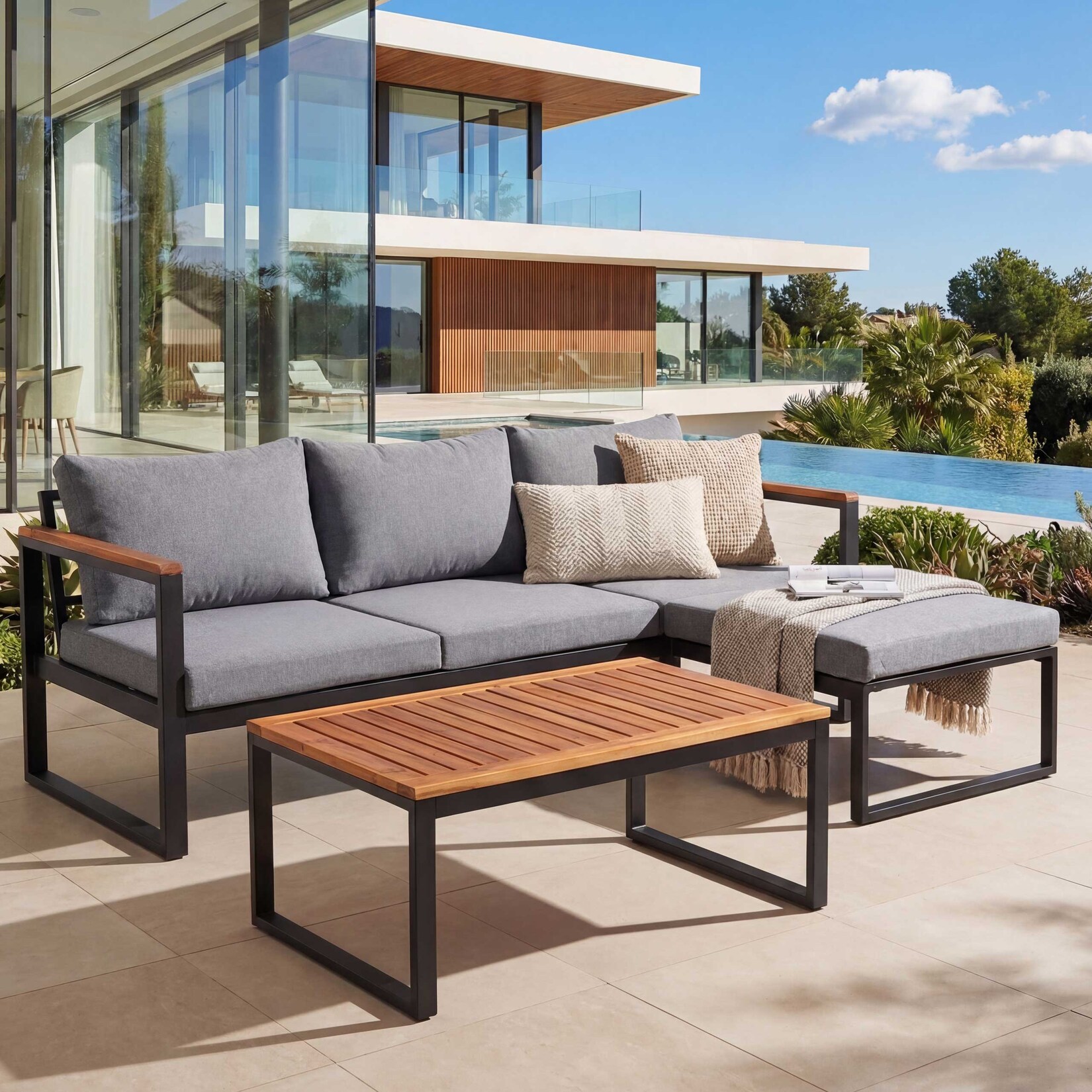 Garten-Garnitur MCW-L26b, Gartenlounge Sitzgruppe Lounge-Set Sofa, Aluminium Akazie Holz MVG-zertifiziert ~ dunkelgrau