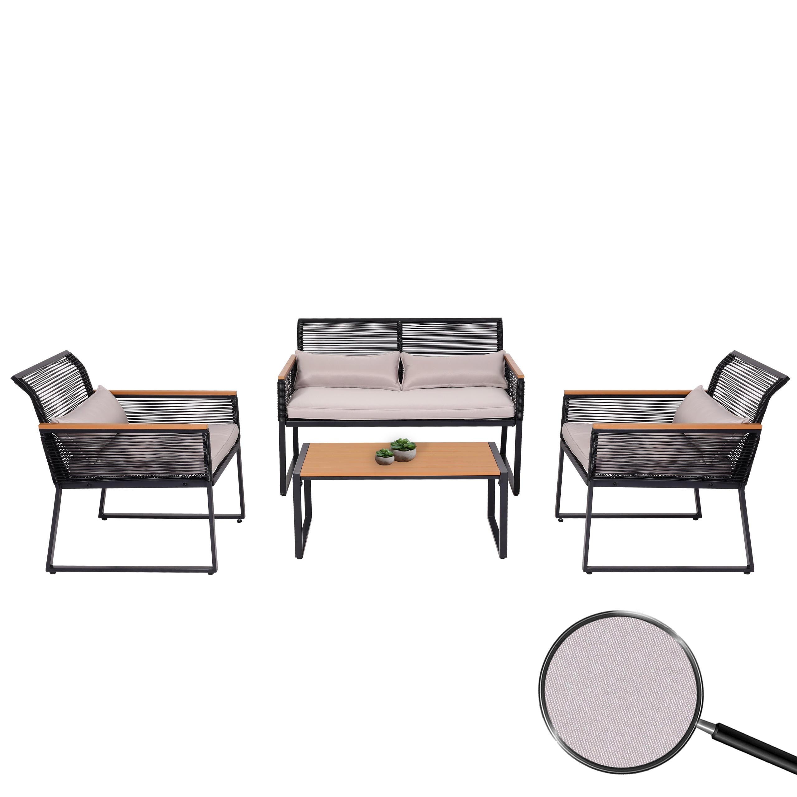 Garten-Garnitur MCW-K42, Gartenlounge Lounge-Set Sitzgruppe Sofa, Seilgeflecht Rope Holzoptik Stahl, Polster hellgrau - Bild 1