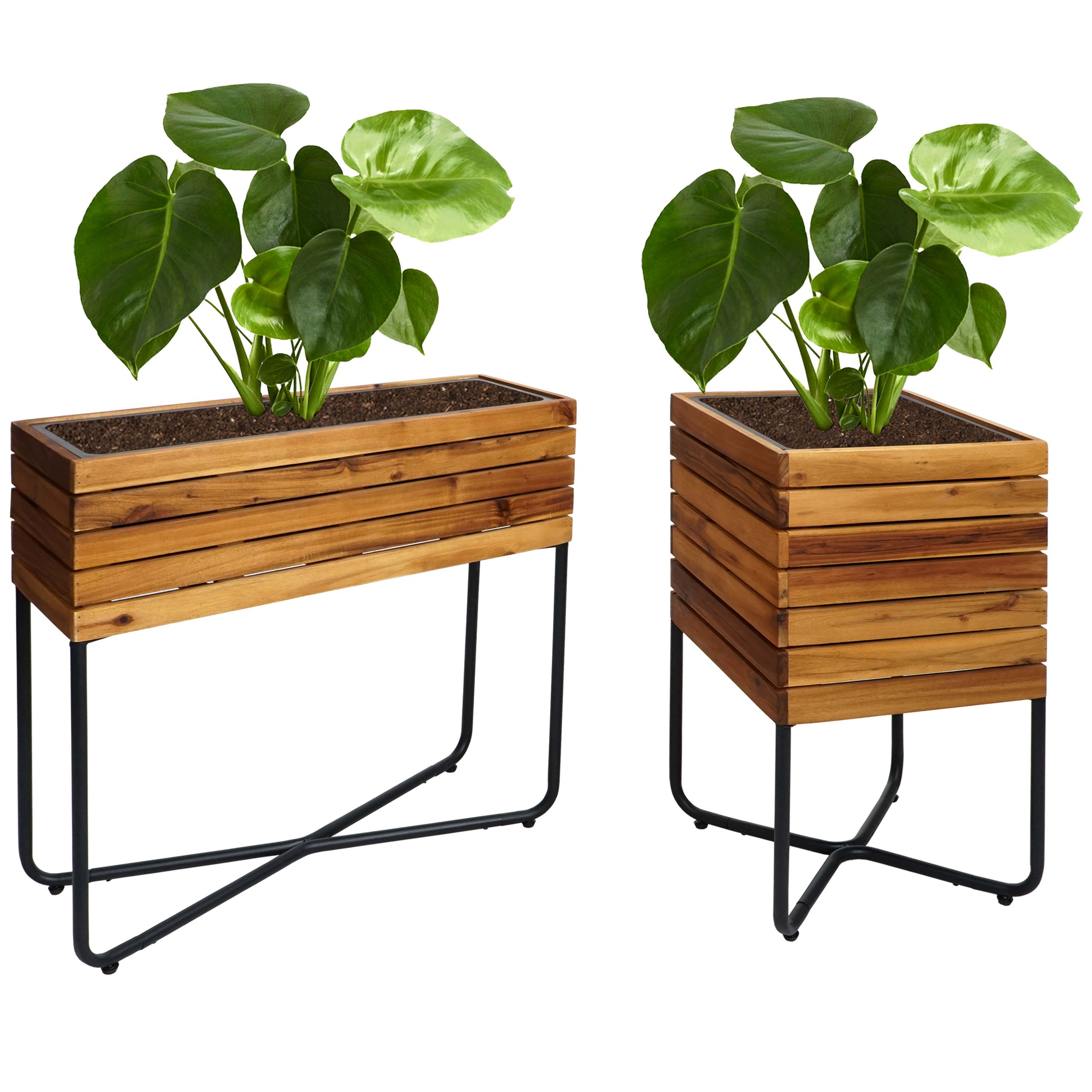 2er-Set Pflanzkasten MCW-L25, Blumenkasten, rechteckig quadratisch Outdoor Stahl Akazie Holz MVG-zertifiziert, braun - Bild 1