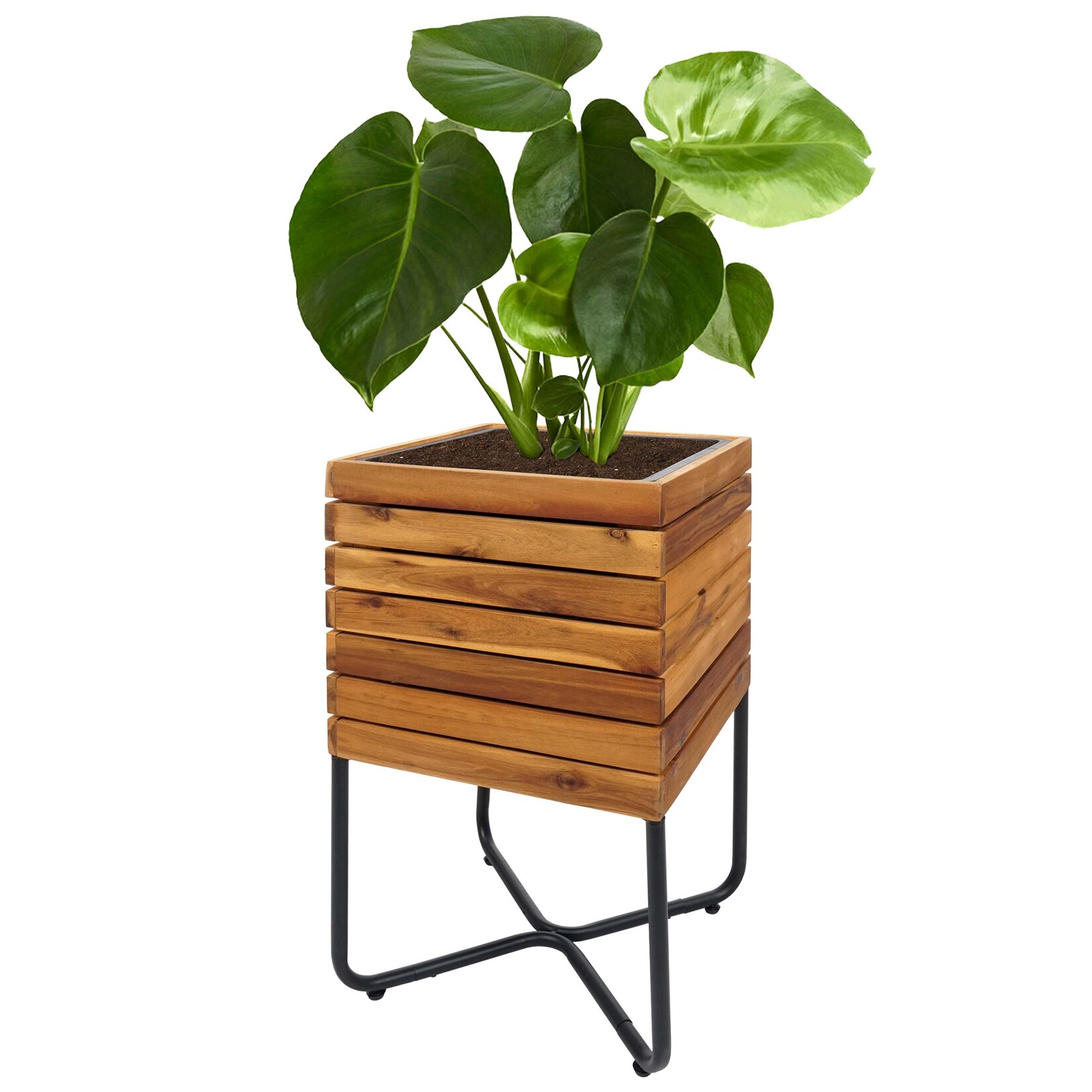 Pflanzkasten MCW-L25, Pflanzkübel Blumenkasten, quadratisch 60x33x33cm Outdoor Stahl Akazie Holz MVG-zertifiziert, braun