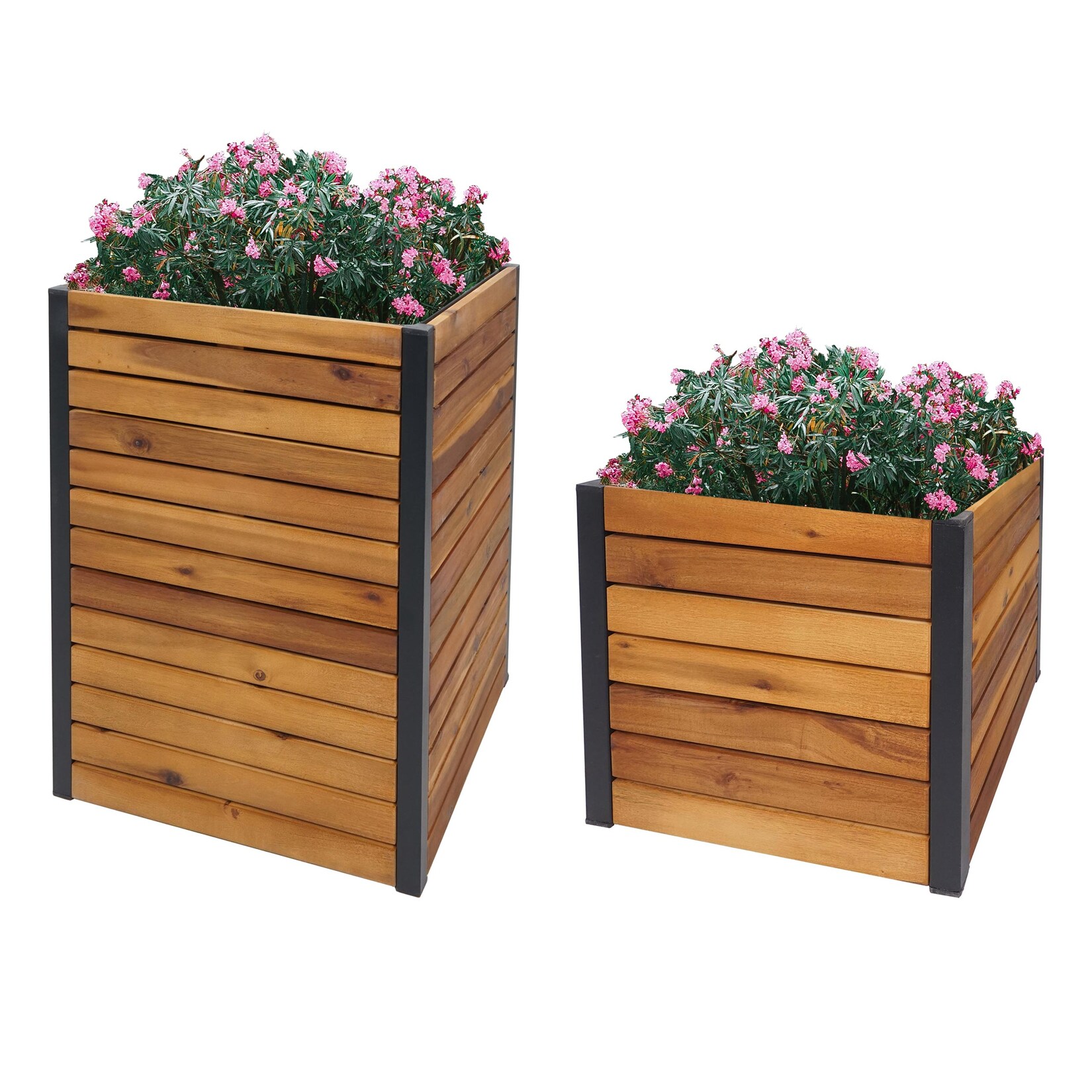 2er-Set Pflanzkasten MCW-L23, Hochbeet Pflanzkübel Blumenkasten, Outdoor Akazie Holz MVG-zertifiziert Aluminium braun