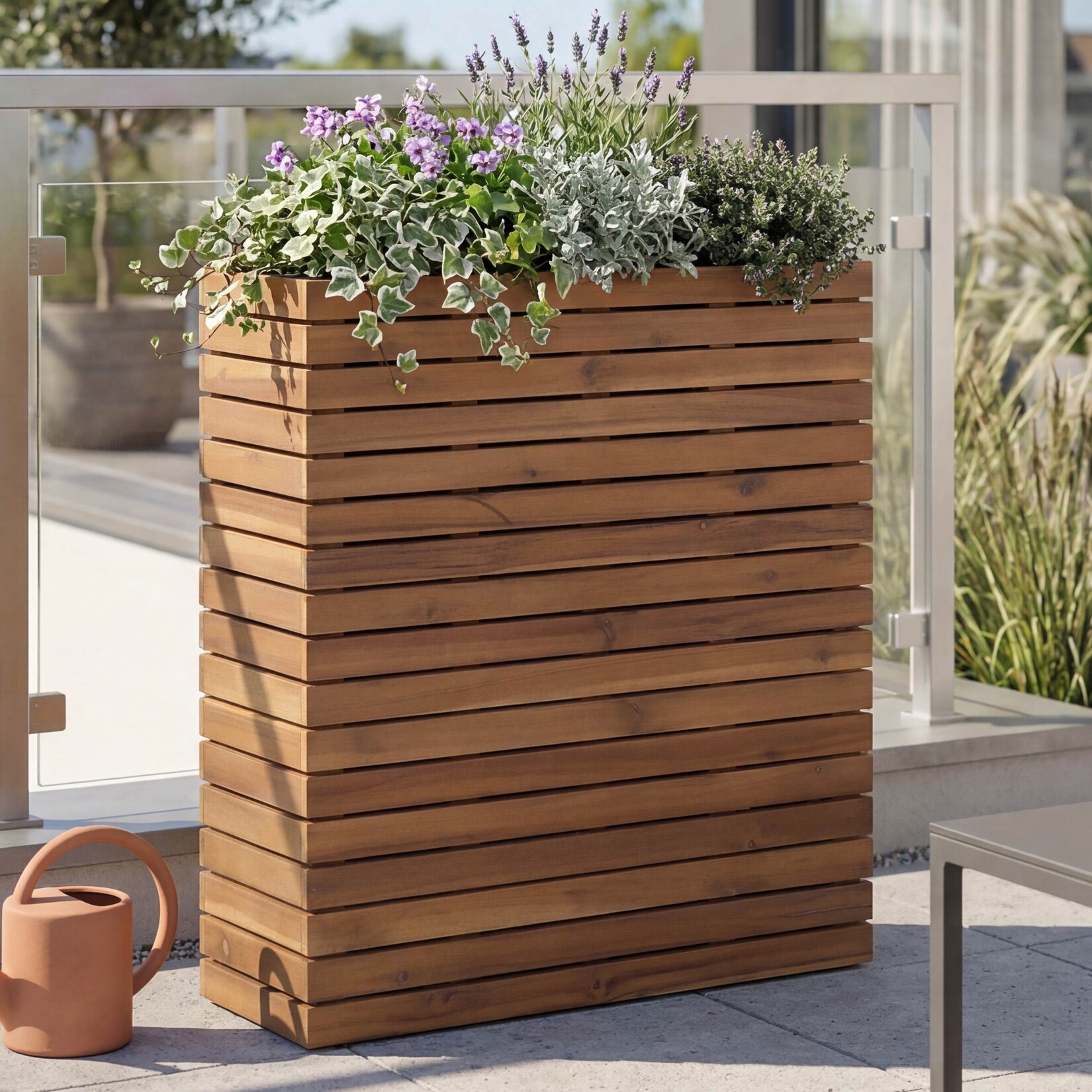 Pflanzkasten -L21, Hochbeet Pflanzkübel Blumentopf, eckig 77x63x23cm Outdoor Akazie Holz MVG-zertifiziert ~ hellbraun