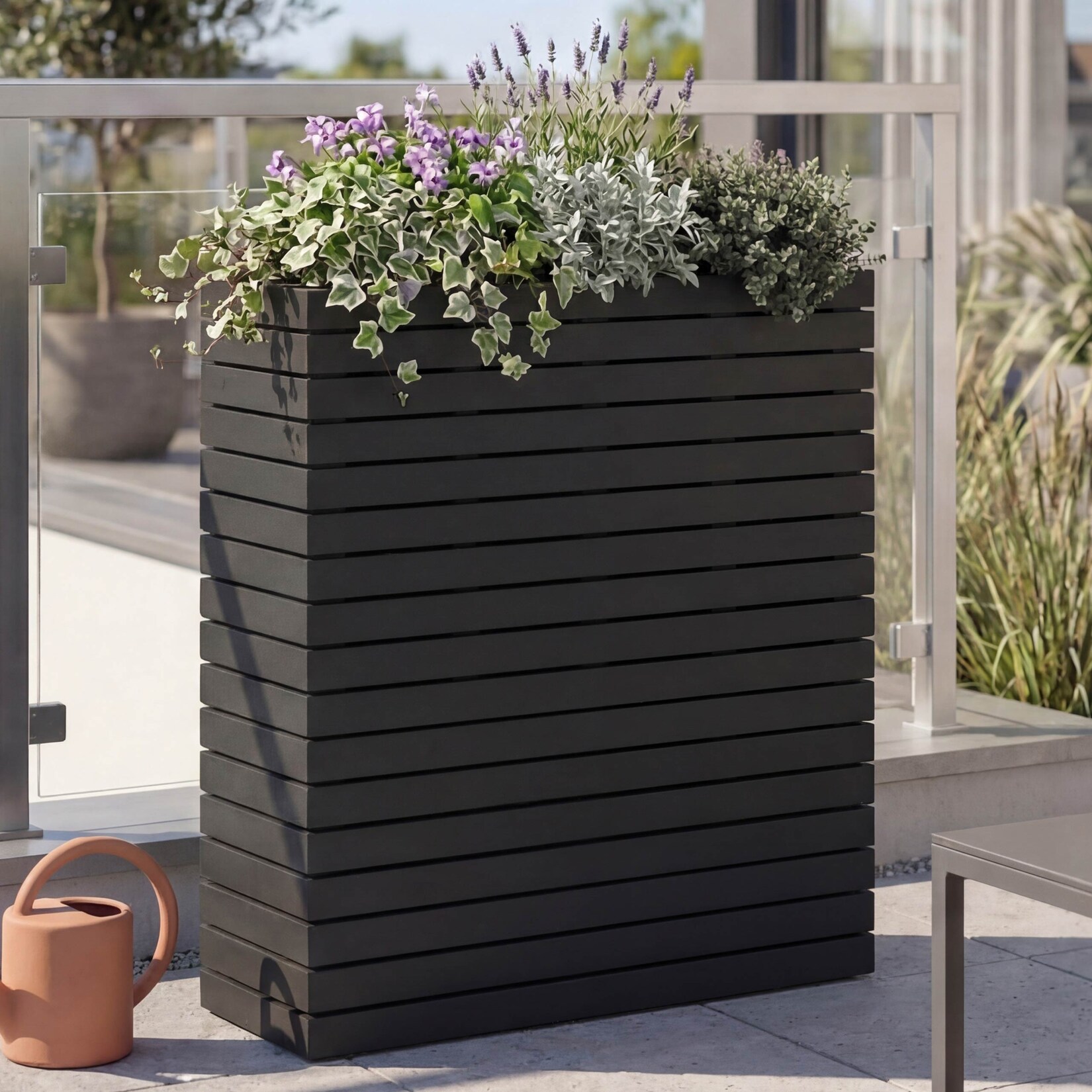 Pflanzkasten -L21, Hochbeet Pflanzkübel Blumentopf, eckig 77x63x23cm Outdoor Akazie Holz MVG-zertifiziert ~ schwarz