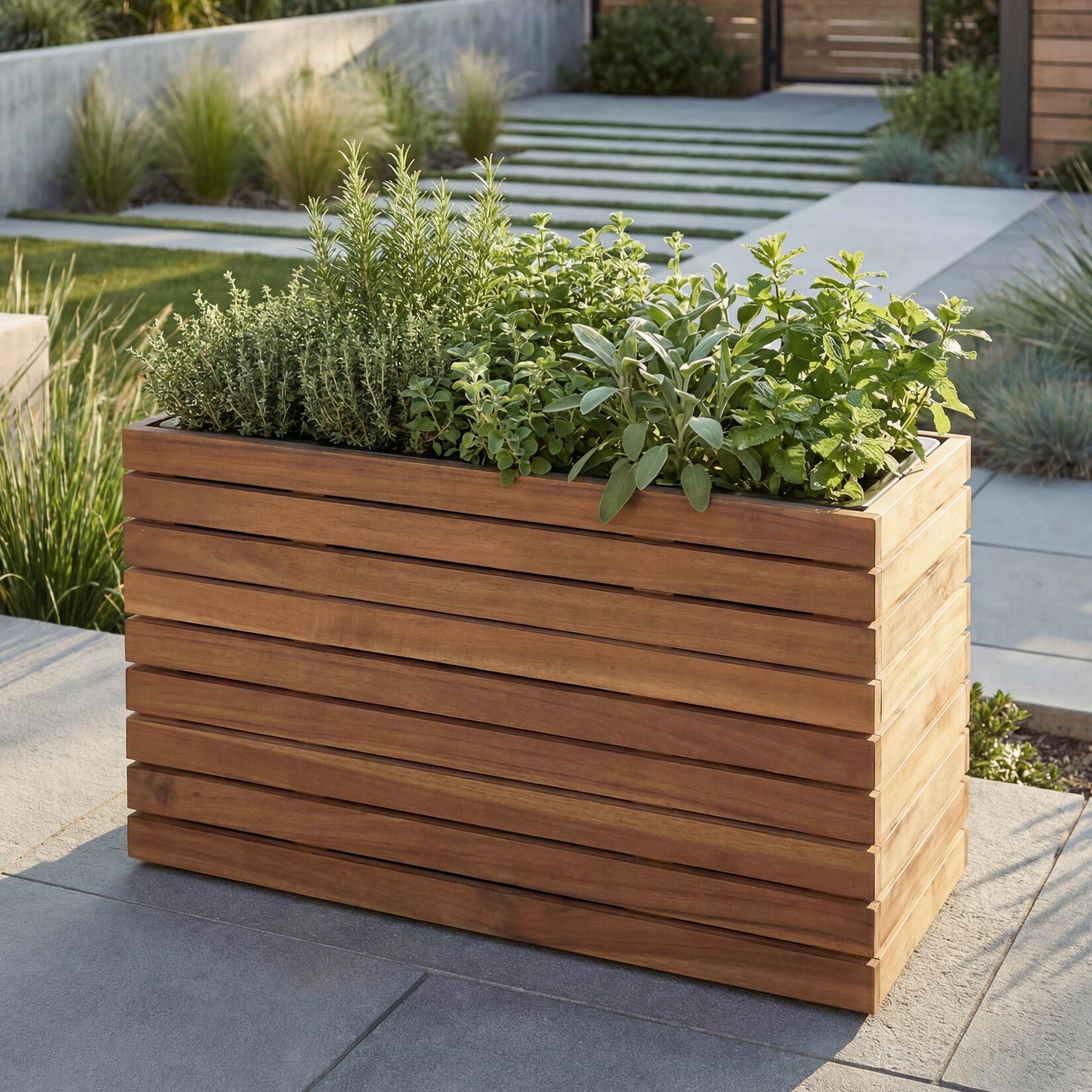 Pflanzkasten -L21, Pflanzkübel Blumentopf Hochbeet, eckig 41x63x23cm Outdoor Akazie Holz MVG-zertifiziert ~ hellbraun