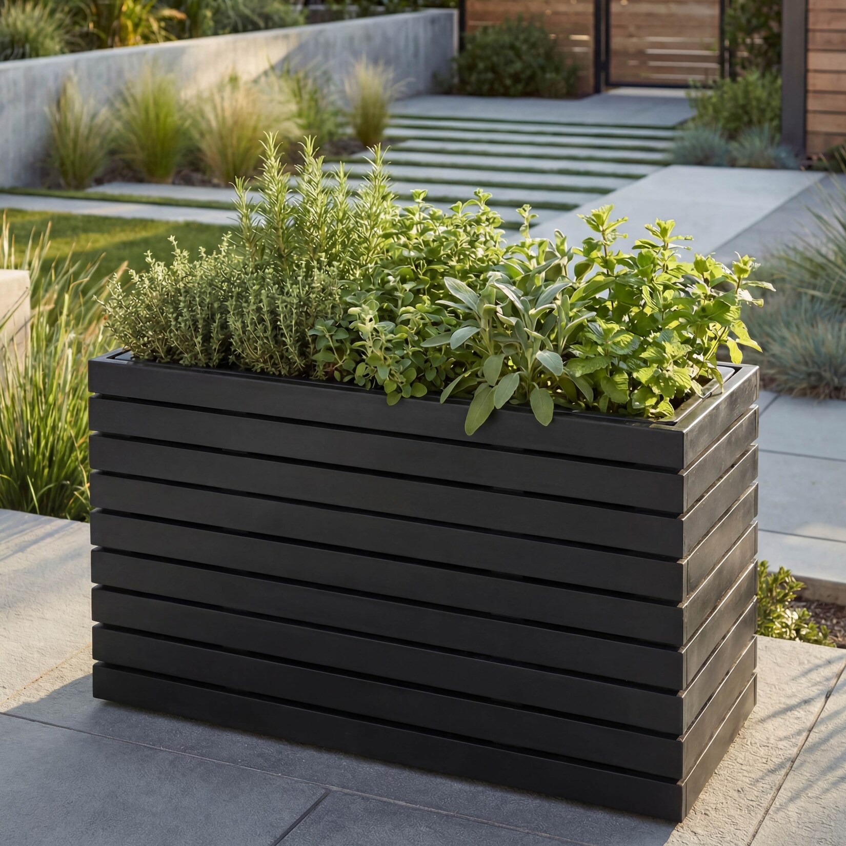 Pflanzkasten -L21, Pflanzkübel Blumentopf Hochbeet, eckig 41x63x23cm Outdoor Akazie Holz MVG-zertifiziert ~ schwarz
