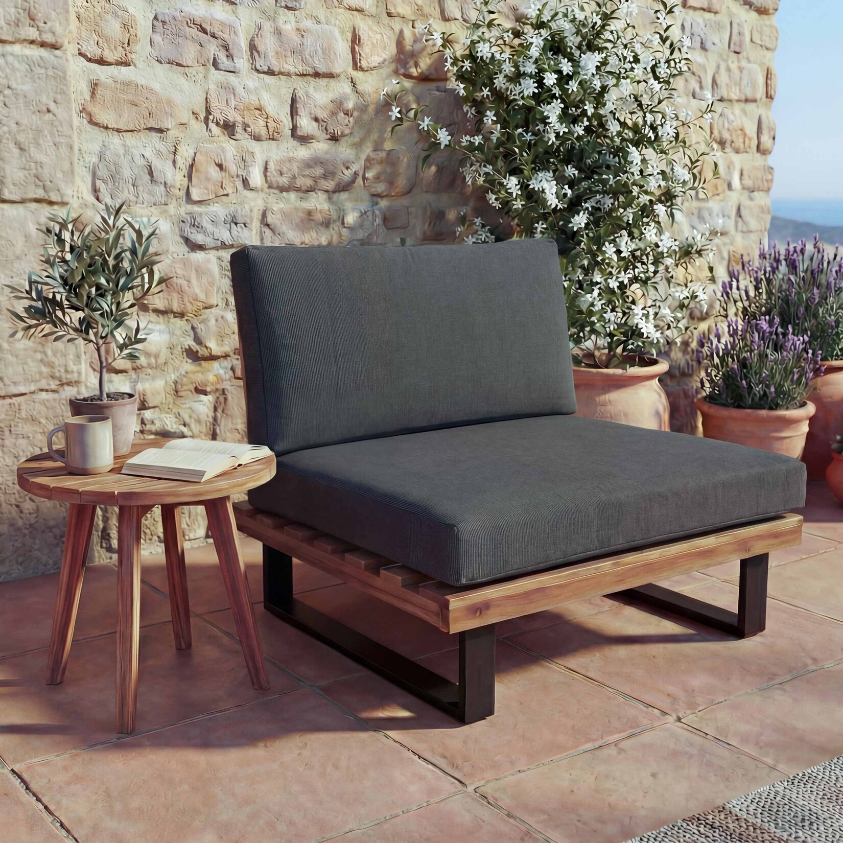 Lounge-Sessel MCW-H54, Garten-Sessel, Spun Poly Akazie Holz MVG-zertifiziert Aluminium ~ braun, Polster dunkelgrau