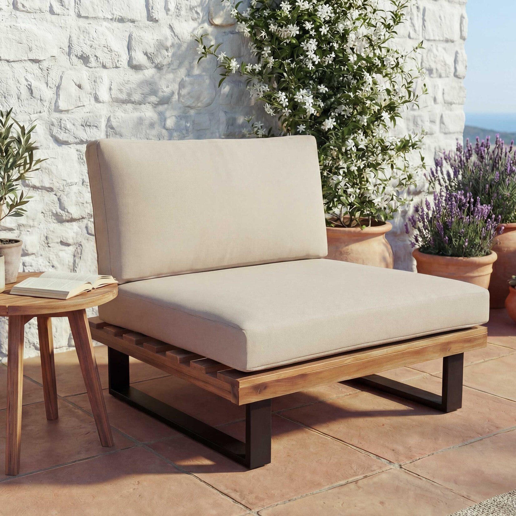 Lounge-Sessel MCW-H54, Garten-Sessel, Spun Poly Akazie Holz MVG-zertifiziert Aluminium ~ hellbraun, Polster beige