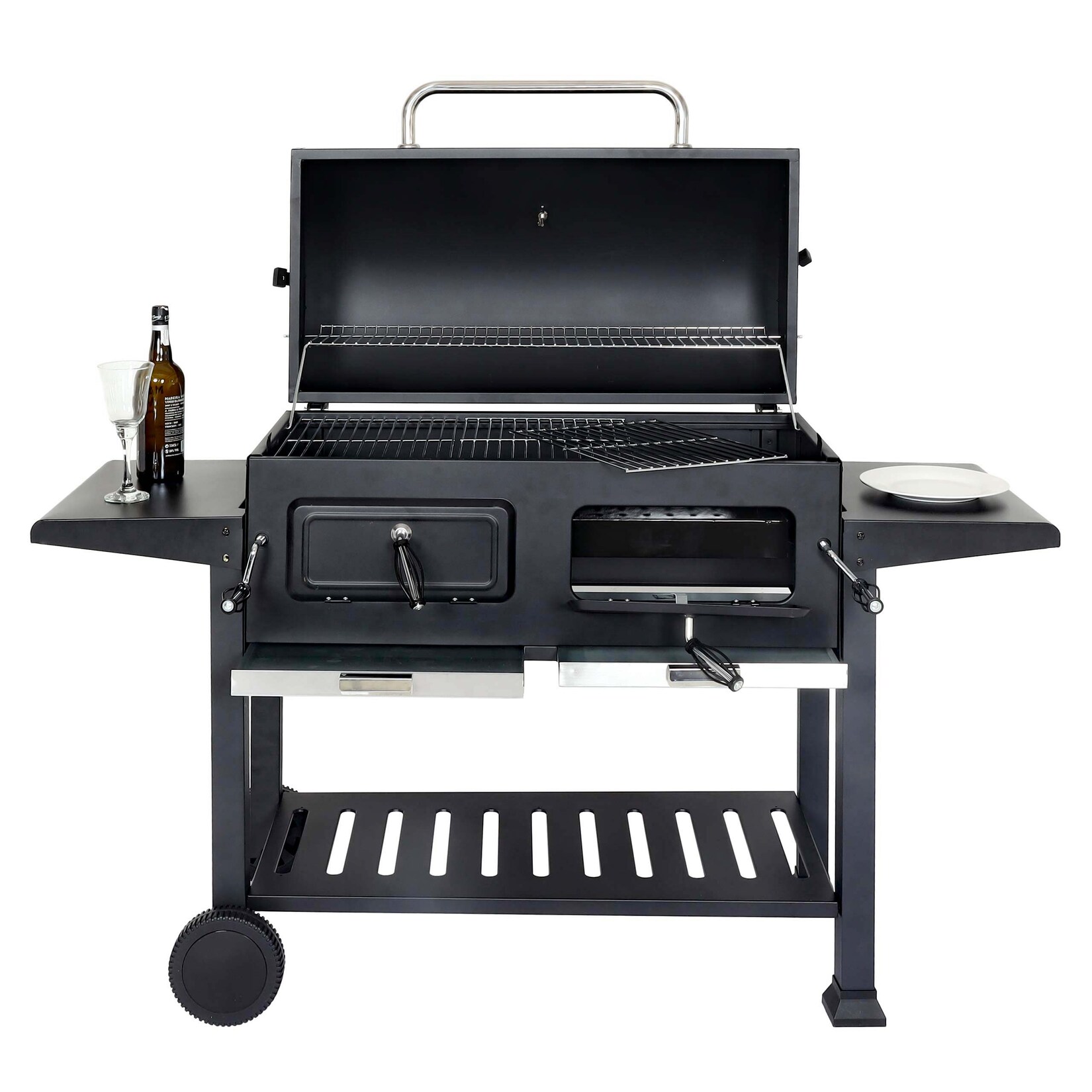Holzkohlegrill MCW-K94, Grillwagen Standgrill BBQ Gartengrill mit Deckel Ablage, Stahl Emaille 110x153x60cm schwarz | 04057651821108
