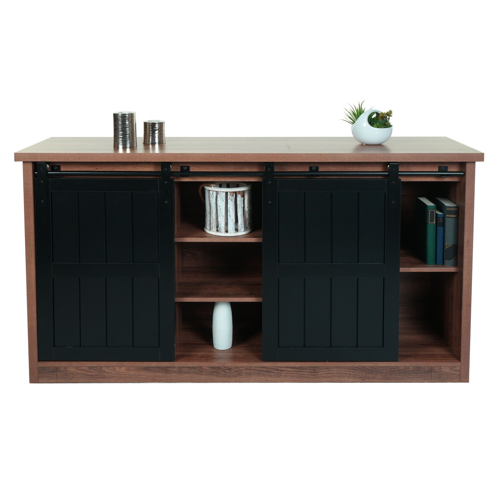 Sideboard MCW-K75, Highboard Regal Schrank Schiebetüre 7 Fächer Holz-Optik Industrial Metall 84x150x40cm ~ braun