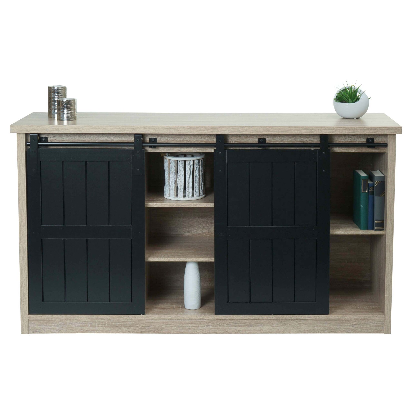 Sideboard MCW-K75, Highboard Regal Schrank Schiebetüre 7 Fächer Holz-Optik Industrial Metall 84x150x40cm ~ naturfarben