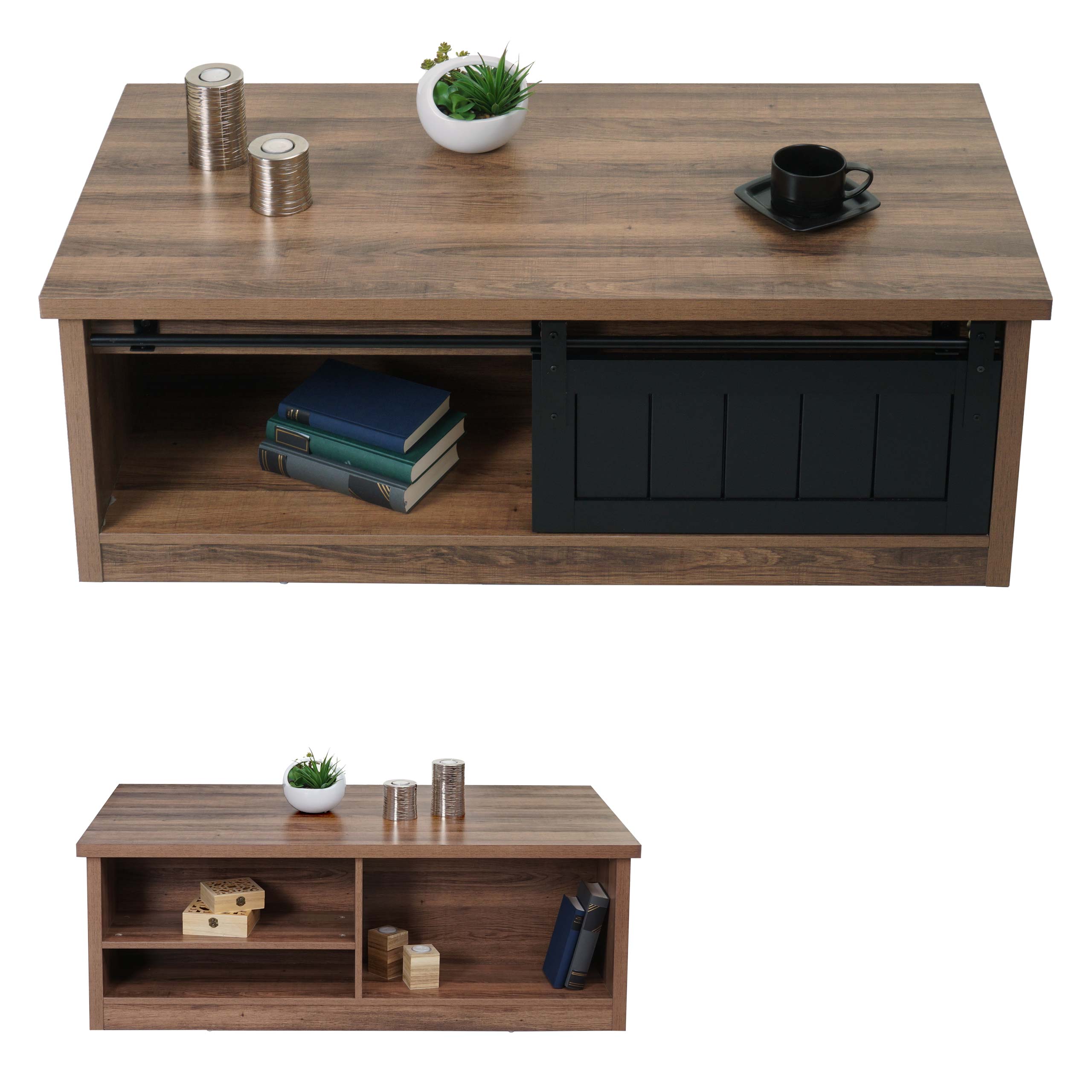 Couchtisch MCW-K75, Beistelltisch Wohnzimmertisch, Schiebet&uuml;re 6 Stauf&auml;cher, Holz-Optik Metall 44x120x60cm ~ braun - Bild 1