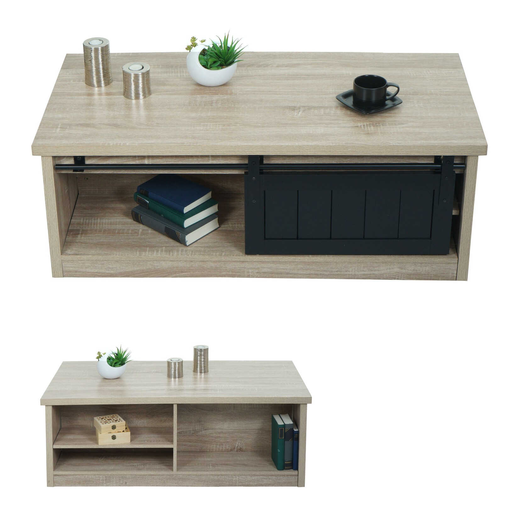 Couchtisch MCW-K75, Beistelltisch Wohnzimmertisch, Schiebetüre 6 Staufächer, Holz-Optik Metall 44x120x60cm ~ naturfarben | 04057651567785