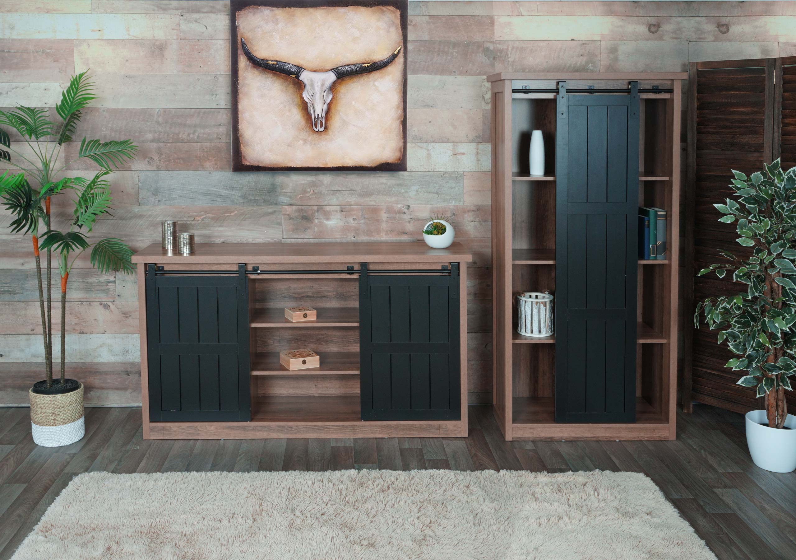 Wohnzimmerset aus Schrank und Sideboard MCW-K75, Schiebet&uuml;re Stauf&auml;cher, Holz-Optik Industrial Metall ~ braun - Bild 1