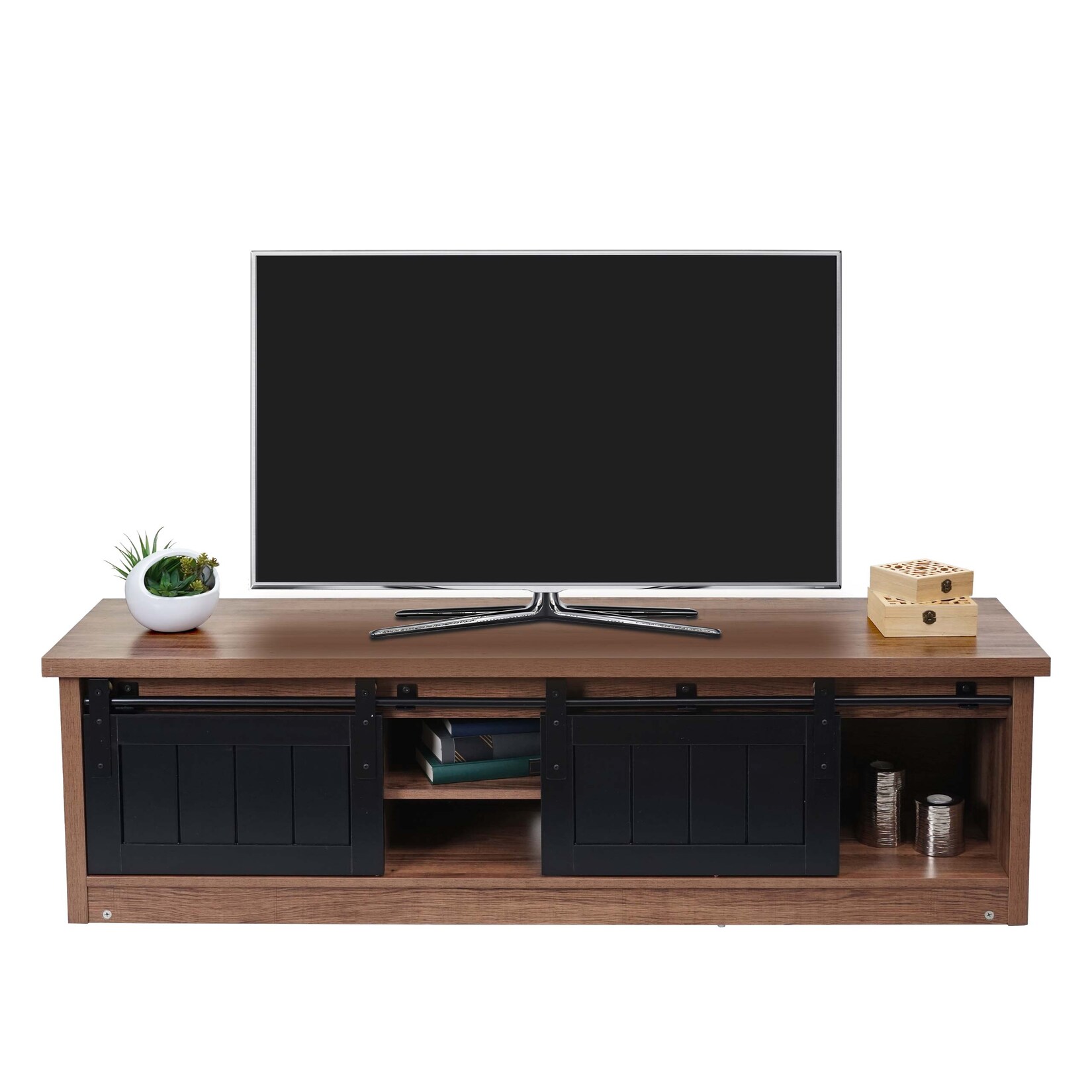 TV-Rack MCW-K75, Fernsehtisch TV-Board, Schiebetüren Staufächer, Holz-Optik Industrial Metall 150x40x43cm ~ braun
