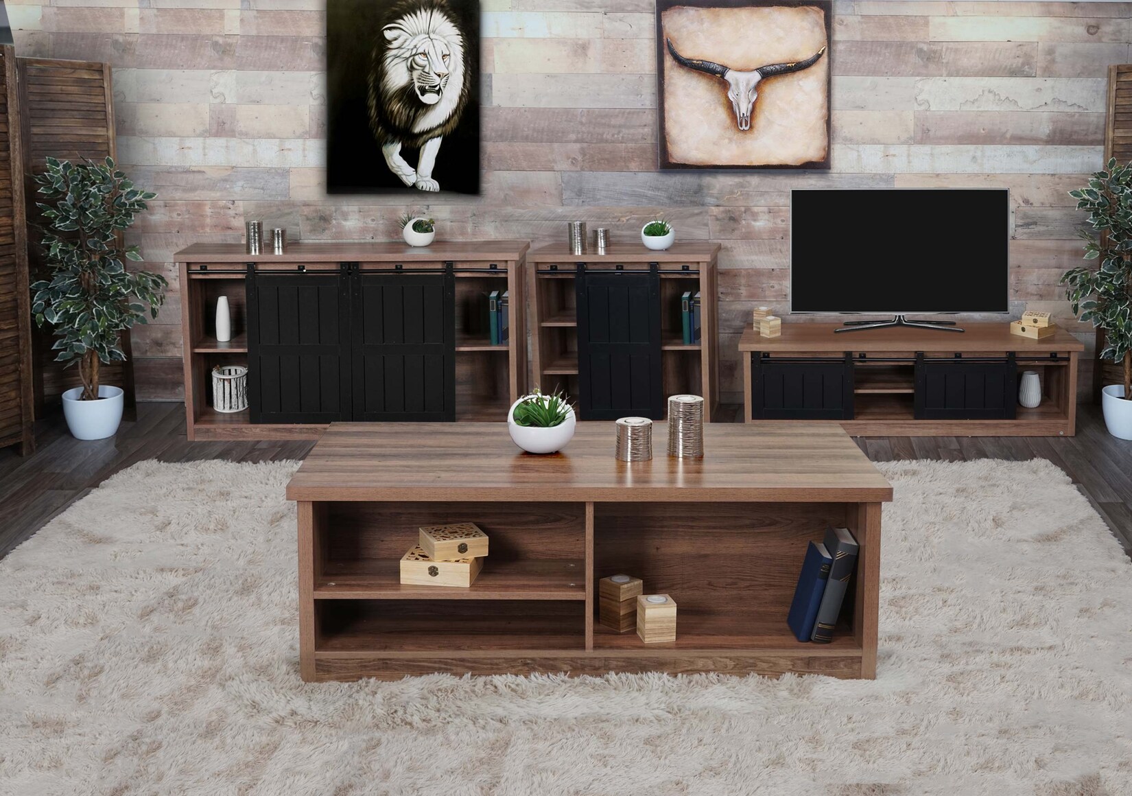 Wohnzimmerset aus TV-Rack, Sideboard, Kommode und Couchtisch MCW-K75, Schiebetür Staufächer, Industrial ~ braun