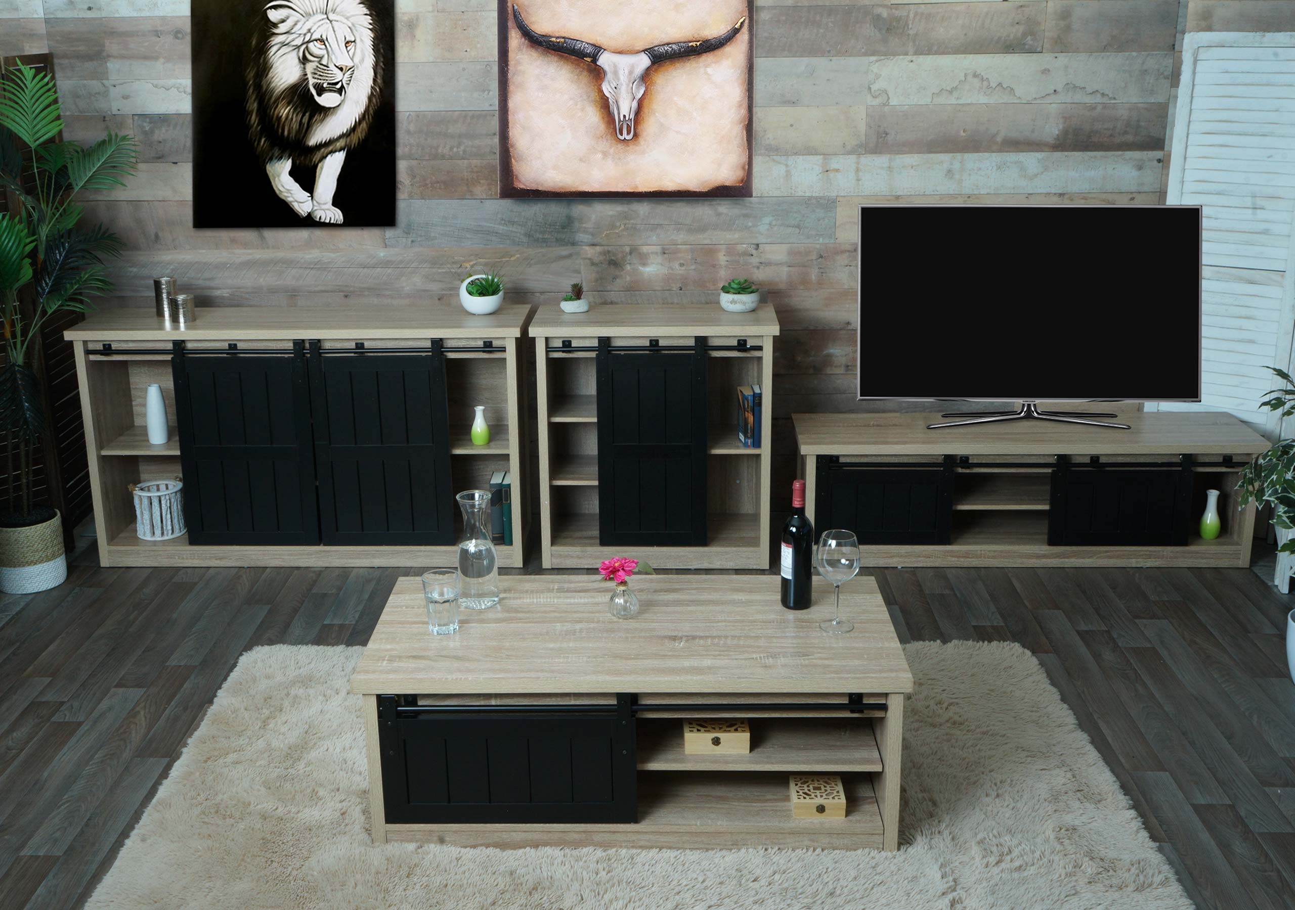 Wohnzimmerset aus TV-Rack, Sideboard, Kommode und Couchtisch MCW-K75, Schiebet&uuml;r Stauf&auml;cher, Industrial ~ naturfarben - Bild 1