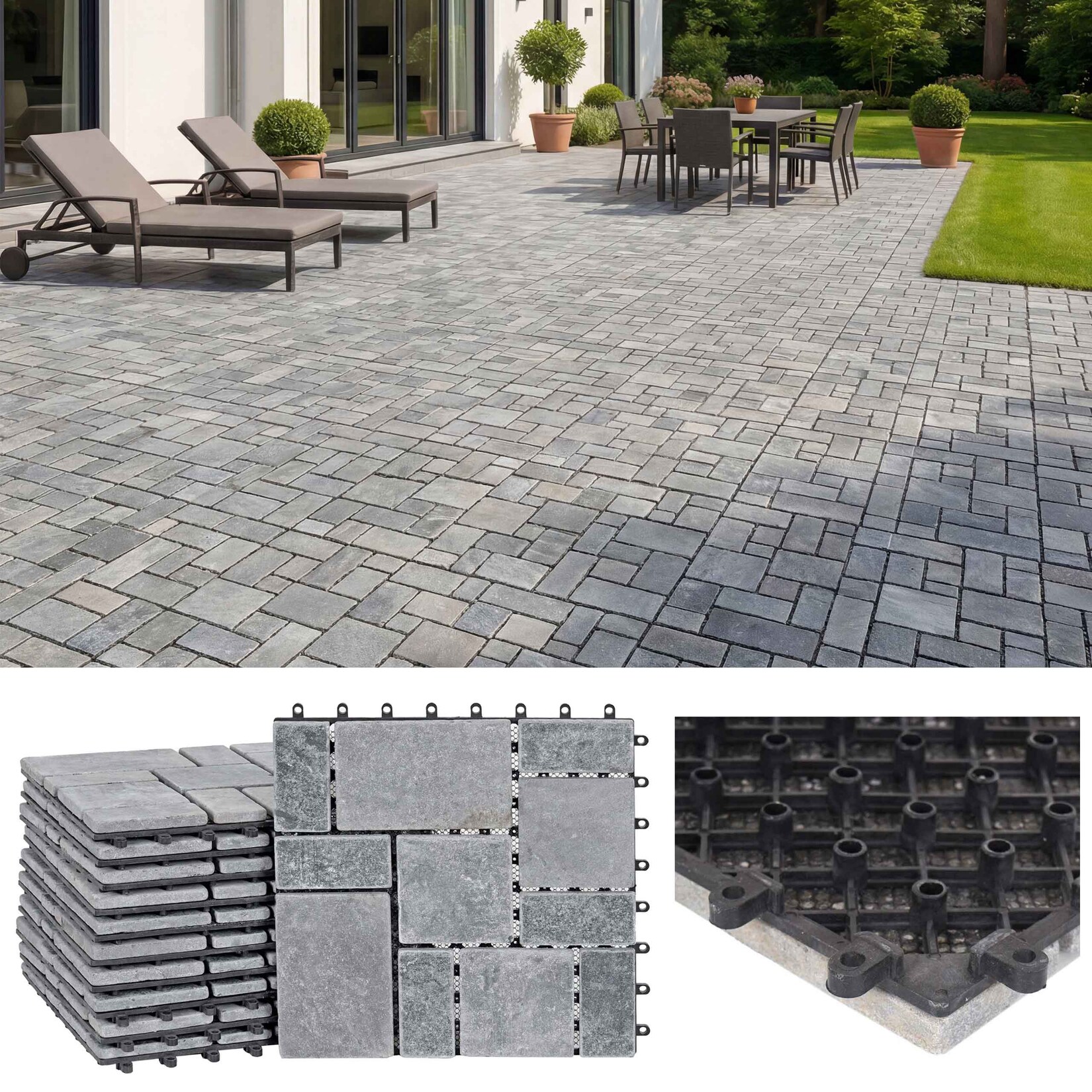 Steinfliese MCW-K70, Bodenfliese Steckfliese Balkon/Terrasse Naturstein, 11x je 30x30cm = 1m² ~ dunkelgrau